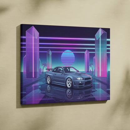 Nissan Skyline GT-R R34 Inspired Gray Purple Canvas Wall Art Vaporwave Neon Crystal JDM Car Artwork, Retro Cyberpunk Garage Decor