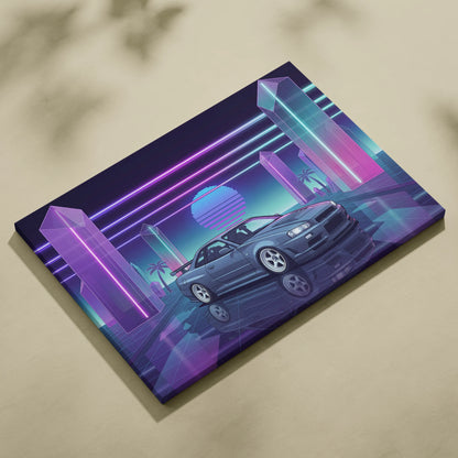 Nissan Skyline GT-R R34 Inspired Gray Purple Canvas Wall Art Vaporwave Neon Crystal JDM Car Artwork, Retro Cyberpunk Garage Decor