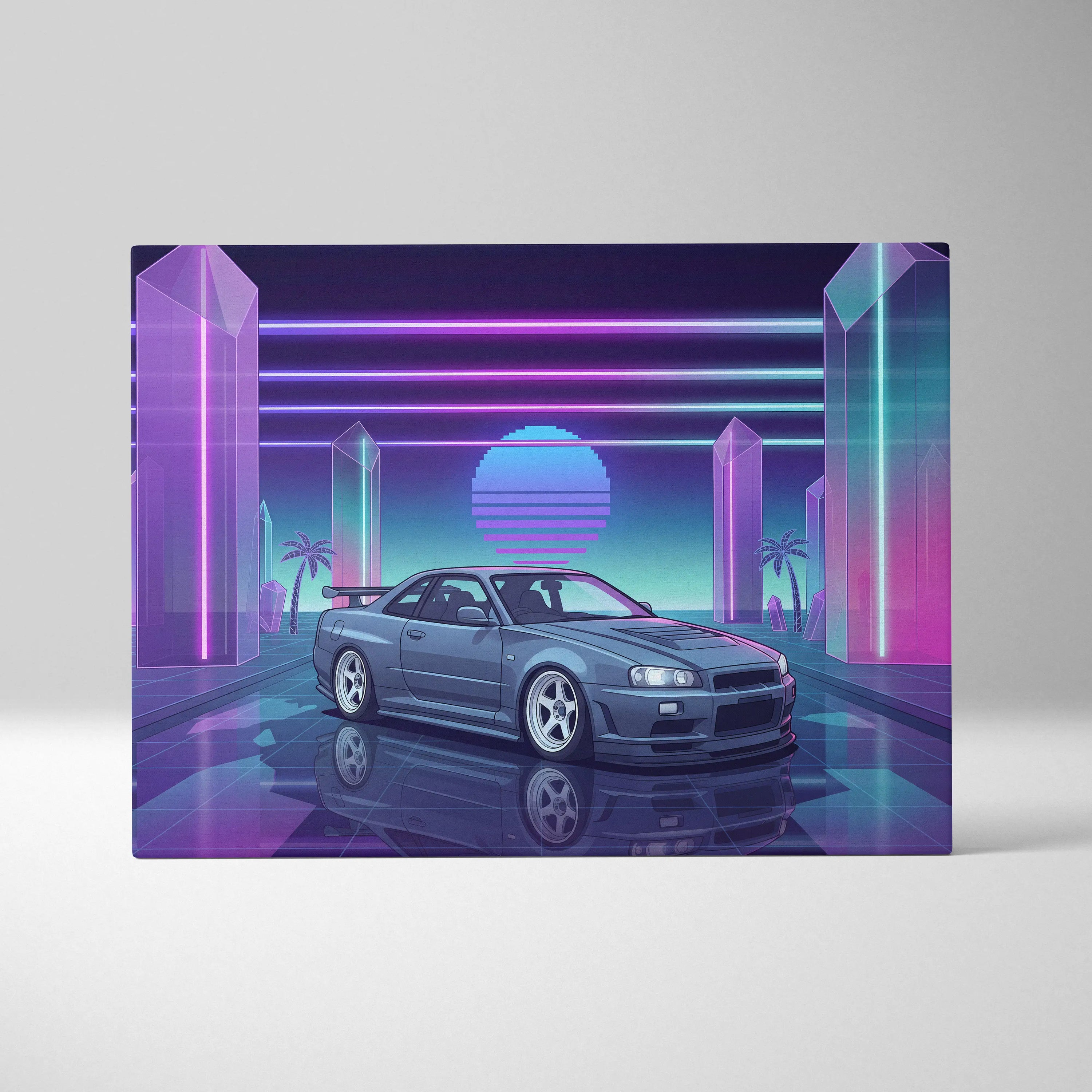 Nissan Skyline GT-R R34 Inspired Gray Purple Canvas Wall Art Vaporwave Neon Crystal JDM Car Artwork, Retro Cyberpunk Garage Decor