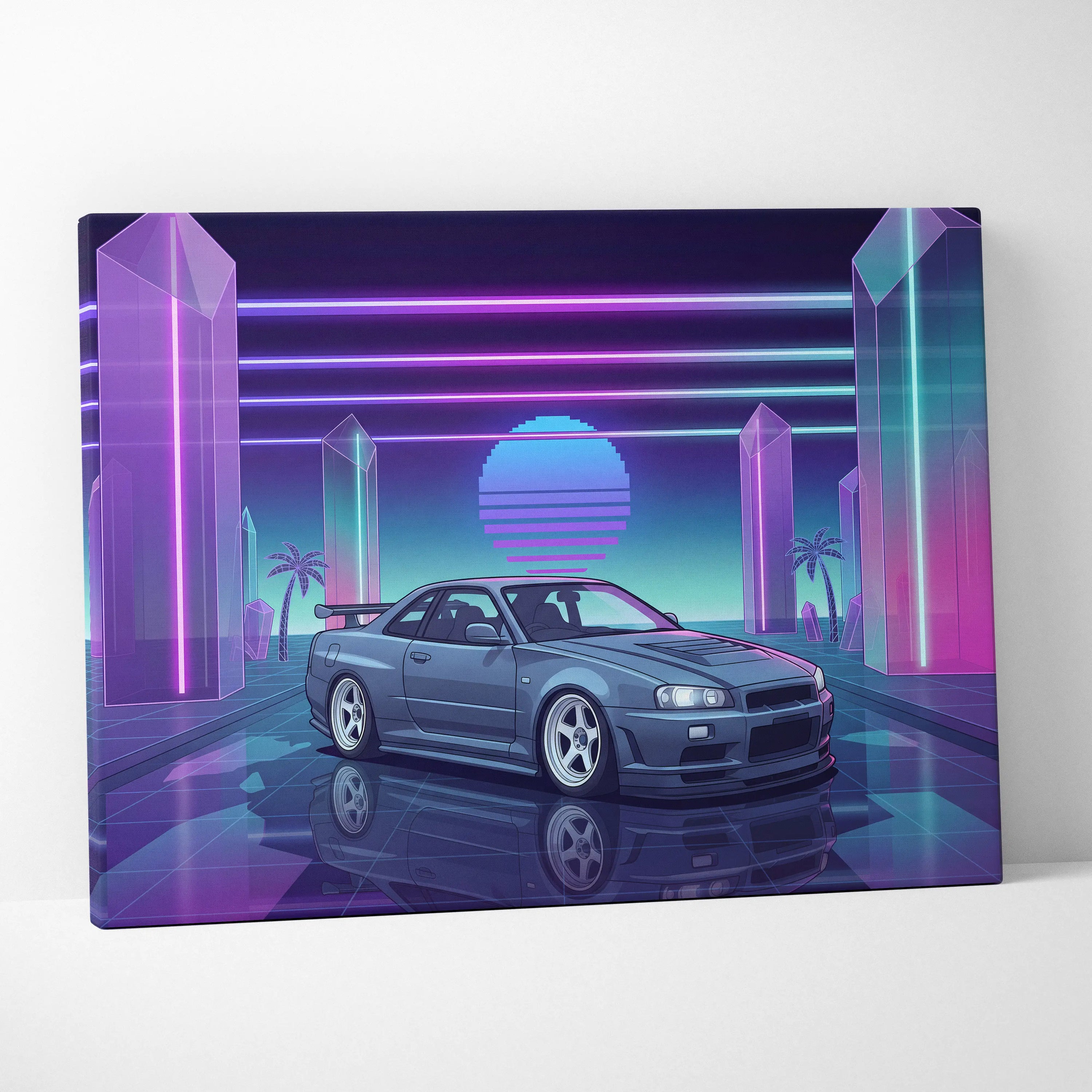Nissan Skyline GT-R R34 Inspired Gray Purple Canvas Wall Art Vaporwave Neon Crystal JDM Car Artwork, Retro Cyberpunk Garage Decor