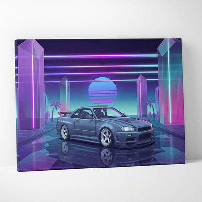 Nissan Skyline GT-R R34 Inspired Gray Purple Canvas Wall Art Vaporwave Neon Crystal JDM Car Artwork, Retro Cyberpunk Garage Decor