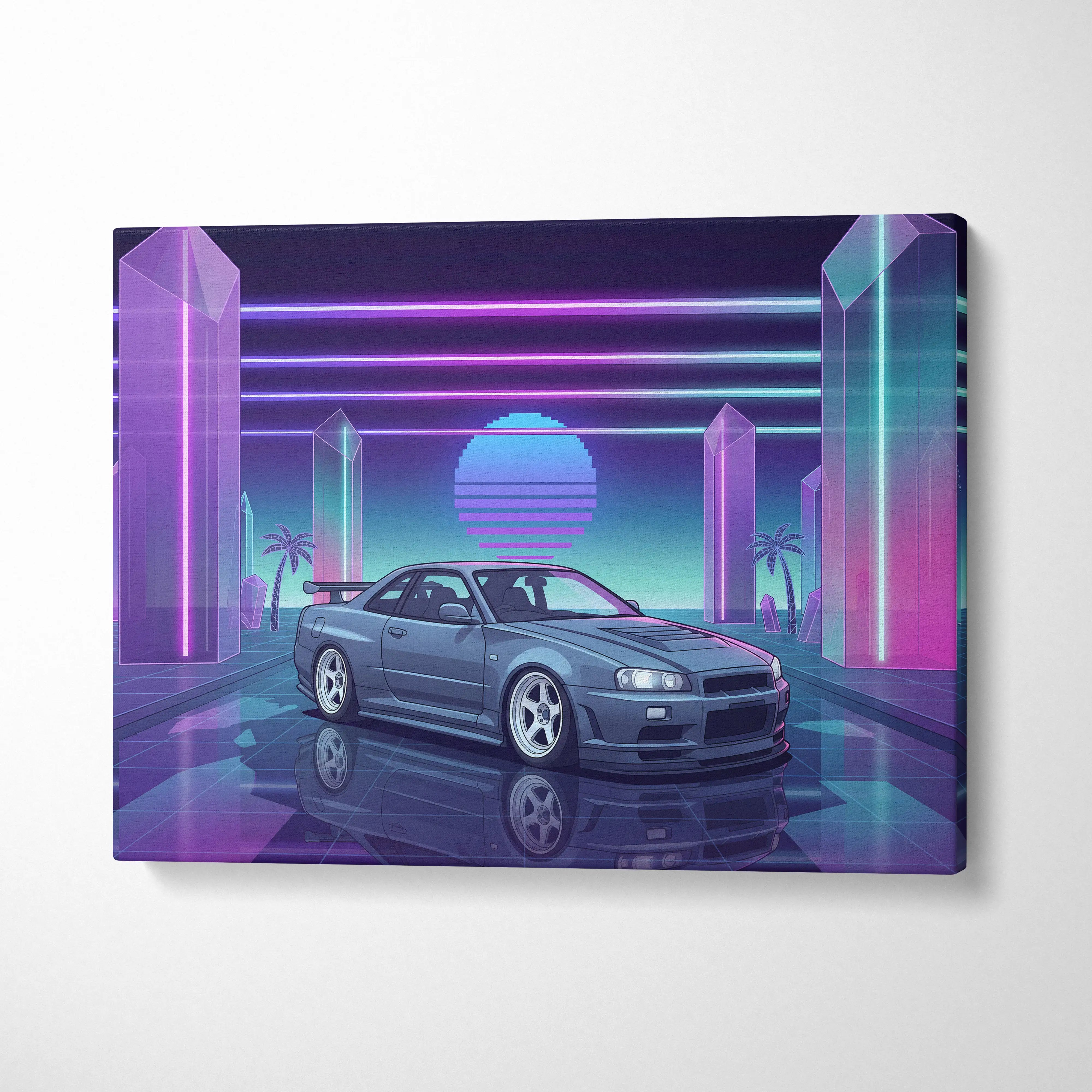 Nissan Skyline GT-R R34 Inspired Gray Purple Canvas Wall Art Vaporwave Neon Crystal JDM Car Artwork, Retro Cyberpunk Garage Decor