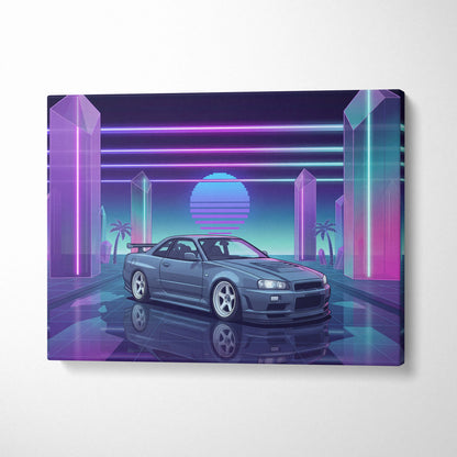 Nissan Skyline GT-R R34 Inspired Gray Purple Canvas Wall Art Vaporwave Neon Crystal JDM Car Artwork, Retro Cyberpunk Garage Decor