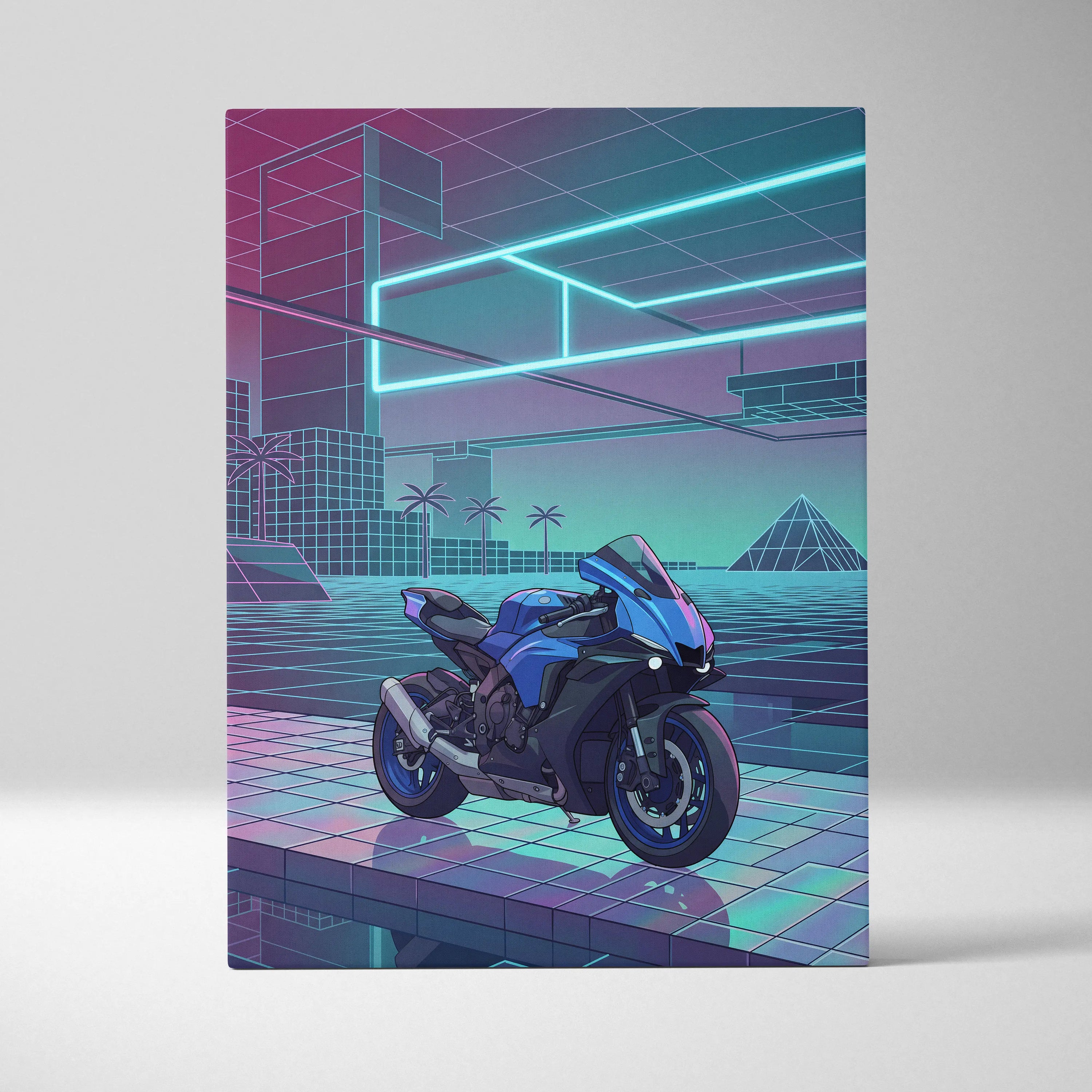 Yamaha YZF-R1 Inspired Blue Purple Motorcycle Canvas Wall Art Vaporwave Neon Sportbike Garage Decor Retro Futuristic Racing Artwork