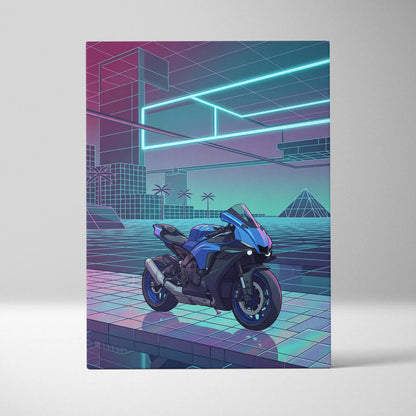 Yamaha YZF-R1 Inspired Blue Purple Motorcycle Canvas Wall Art Vaporwave Neon Sportbike Garage Decor Retro Futuristic Racing Artwork
