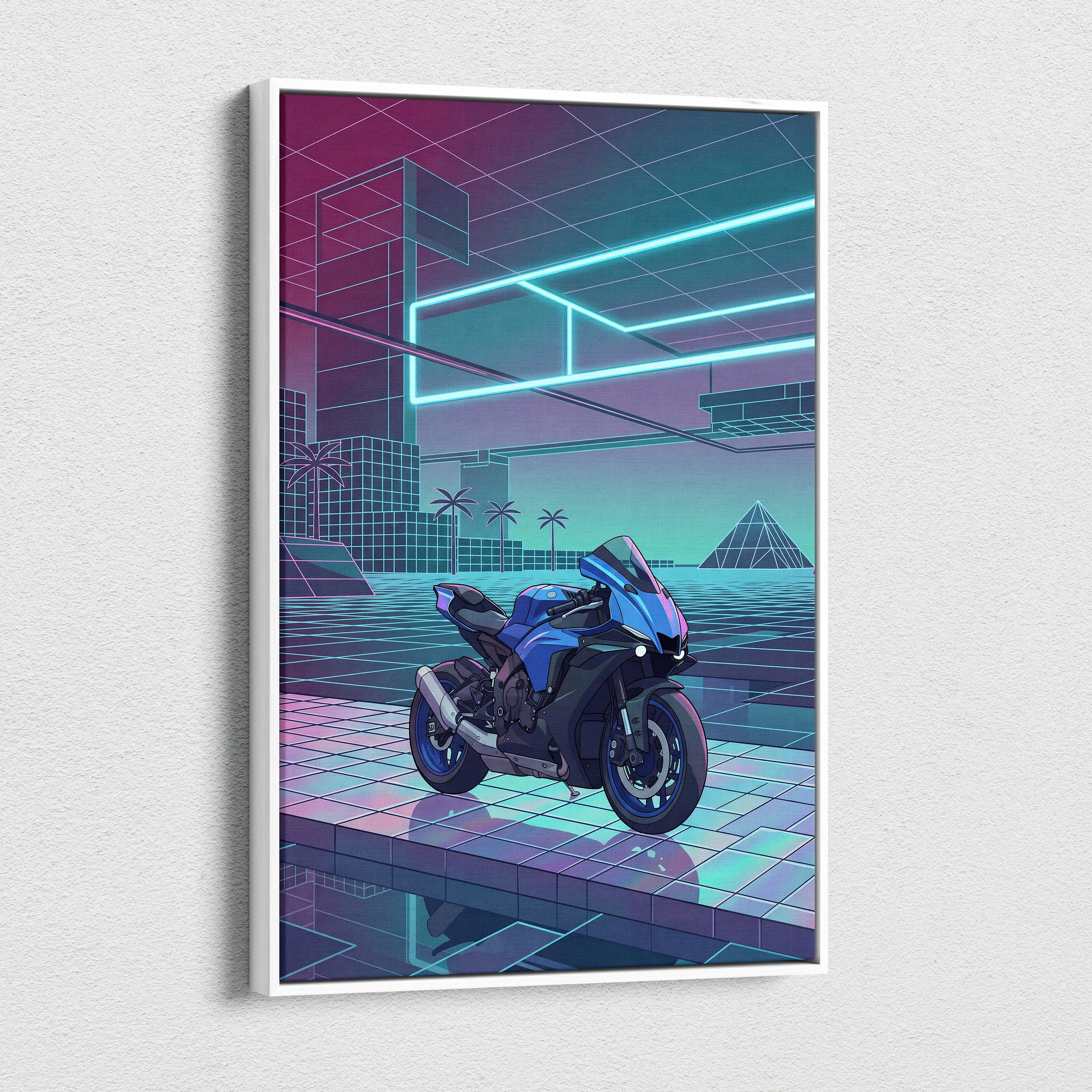 Yamaha YZF-R1 Inspired Blue Purple Motorcycle Canvas Wall Art Vaporwave Neon Sportbike Garage Decor Retro Futuristic Racing Artwork