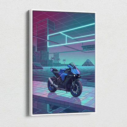 Yamaha YZF-R1 Inspired Blue Purple Motorcycle Canvas Wall Art Vaporwave Neon Sportbike Garage Decor Retro Futuristic Racing Artwork