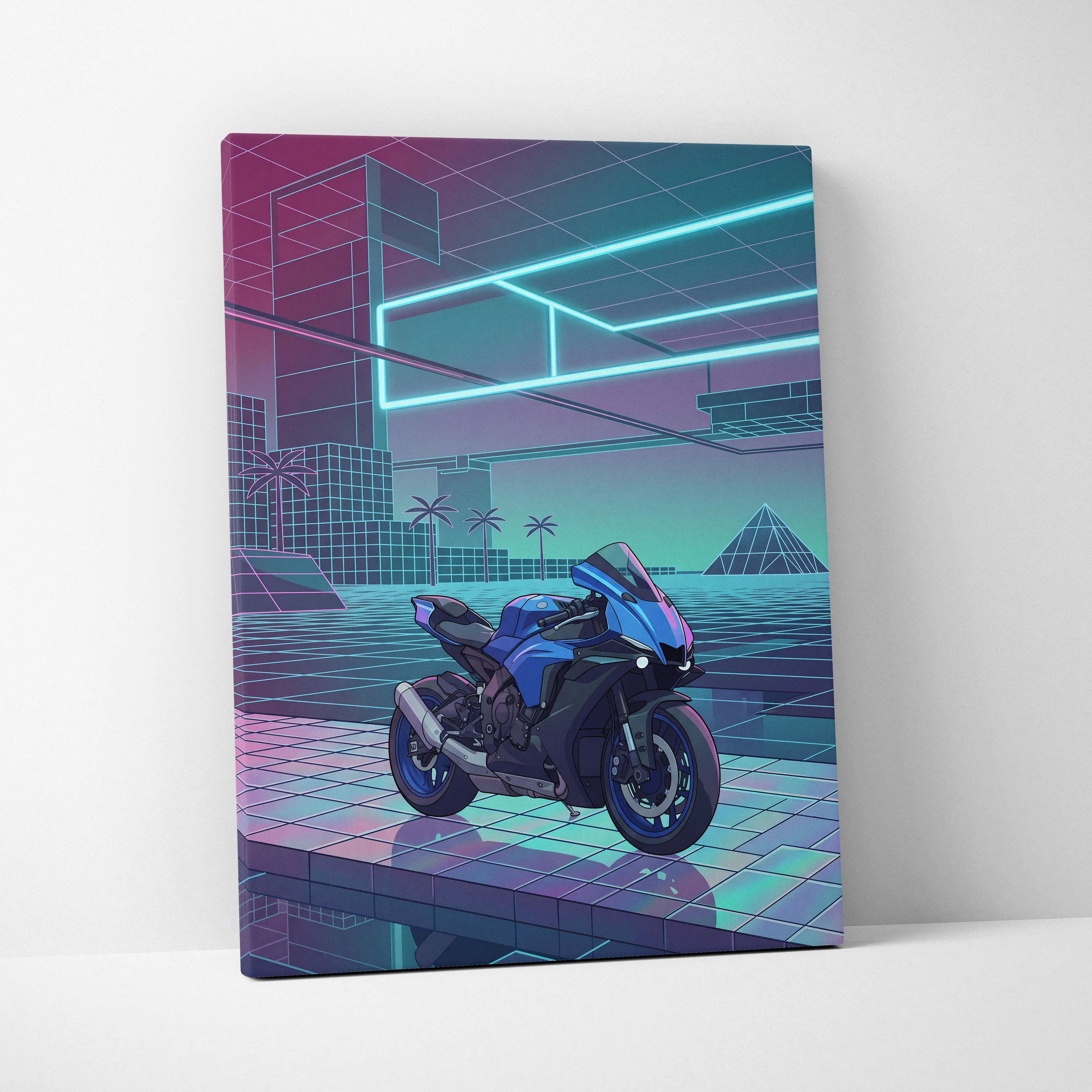 Yamaha YZF-R1 Inspired Blue Purple Motorcycle Canvas Wall Art Vaporwave Neon Sportbike Garage Decor Retro Futuristic Racing Artwork
