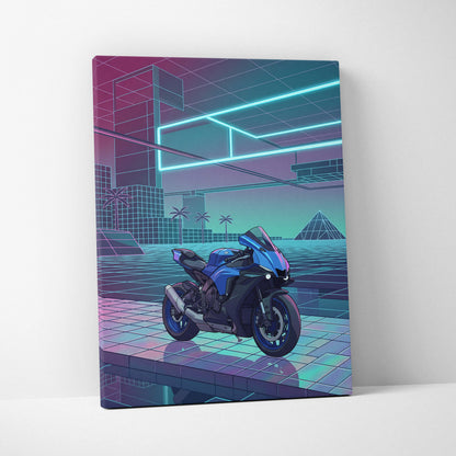 Yamaha YZF-R1 Inspired Blue Purple Motorcycle Canvas Wall Art Vaporwave Neon Sportbike Garage Decor Retro Futuristic Racing Artwork