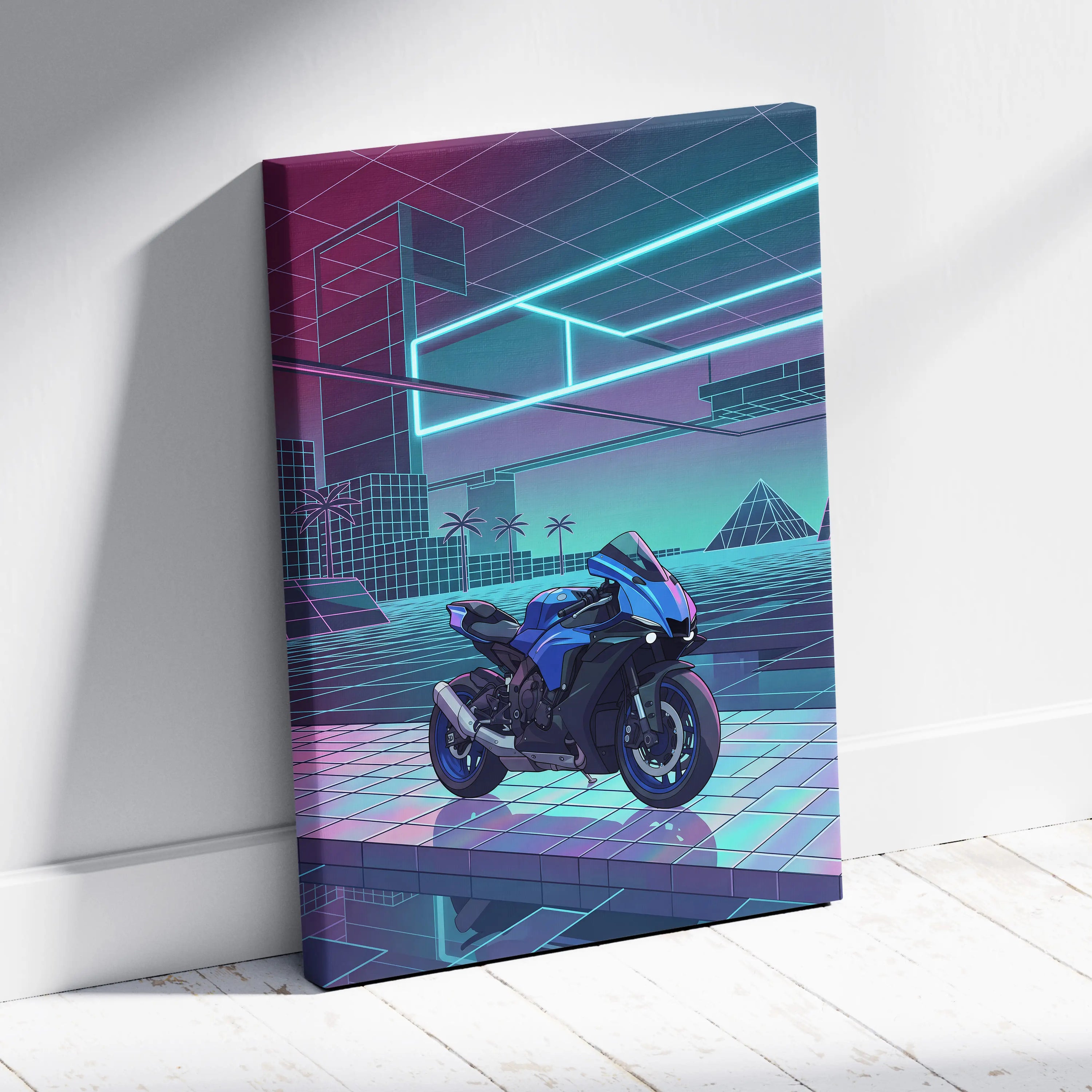 Yamaha YZF-R1 Inspired Blue Purple Motorcycle Canvas Wall Art Vaporwave Neon Sportbike Garage Decor Retro Futuristic Racing Artwork