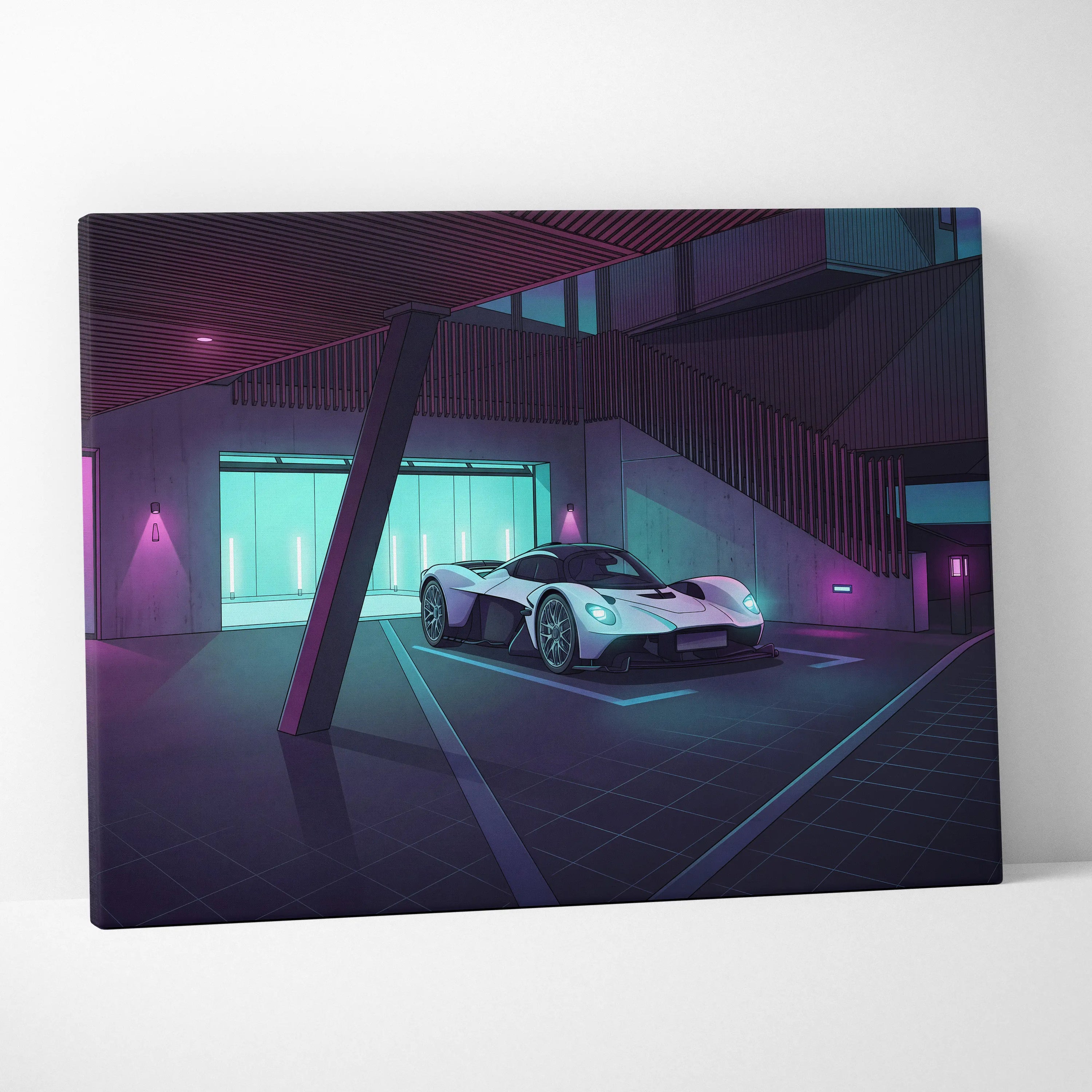 Aston Martin Valkyrie Inspired Vaporwave Car Canvas - Car Art Purple Blue Neon Living Room Vaporwave Mood Neon Dream Retro Futurist Decor Canvas
