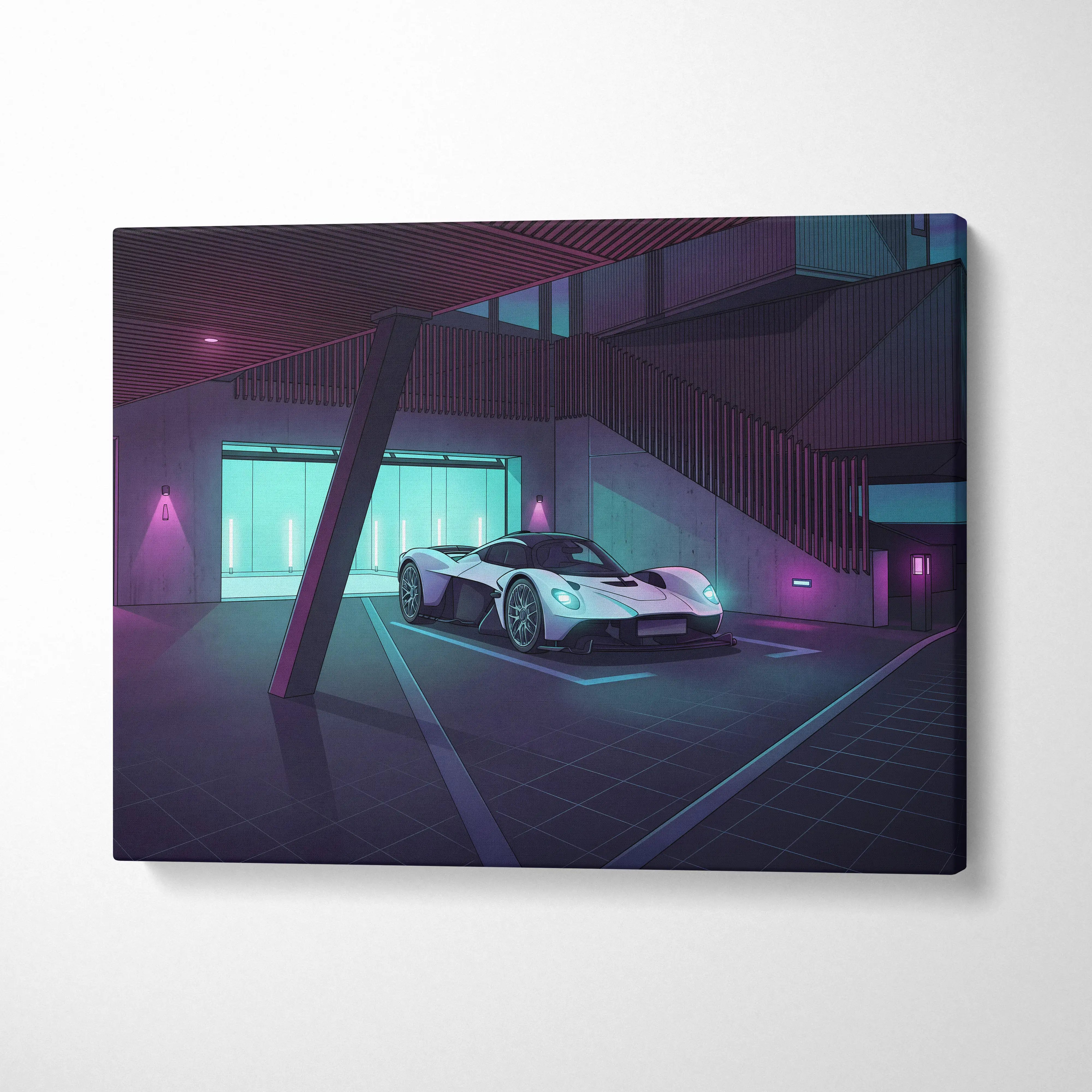 Nebula-toned digital art canvas featuring a white and black aston martin valkyrie inspired hypercar under neon-lit architecture
