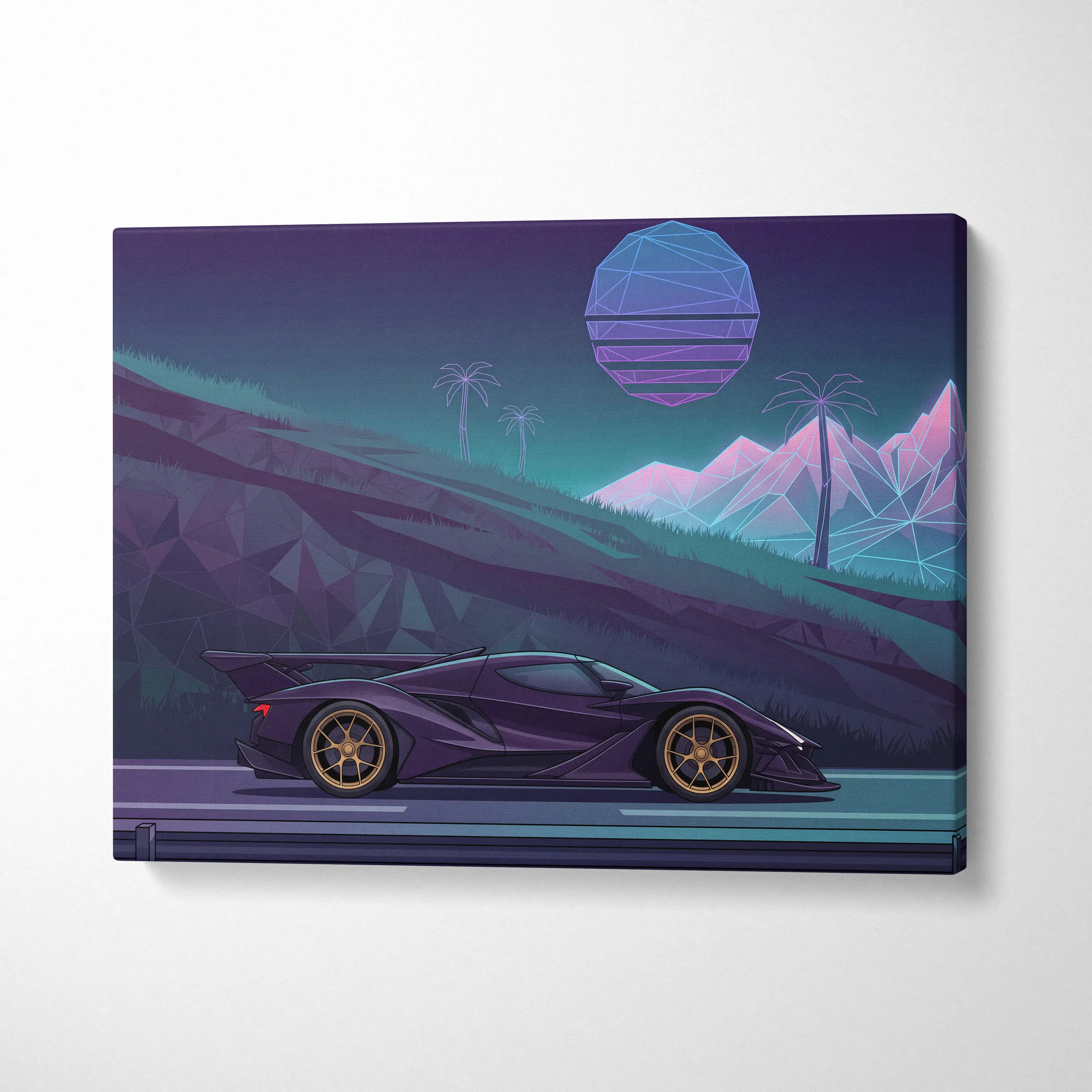 Apollo Intensa inspired hypercar canvas print featuring a purple futuristic sports car with gold rims in neon geometric landscape