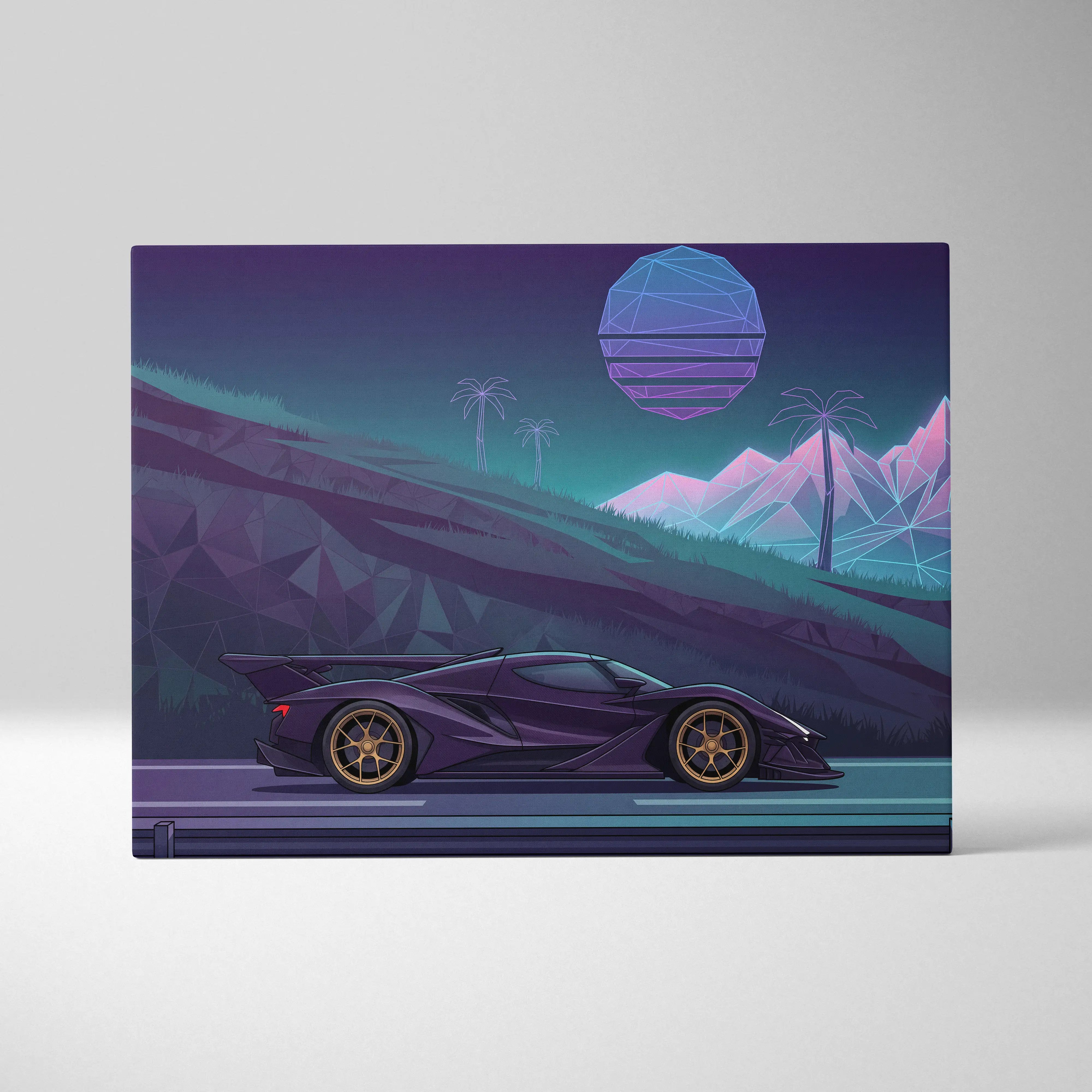 Purple futuristic sports car with gold rims on polygonal moon and geometric landscape on vaporwave canvas print