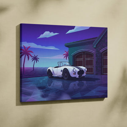Shelby Cobra Inspired White Blue Coastal Canvas Wall Art Vaporwave Classic Car Artwork, Neon Palm Garage Decor Retro Futuristic Print