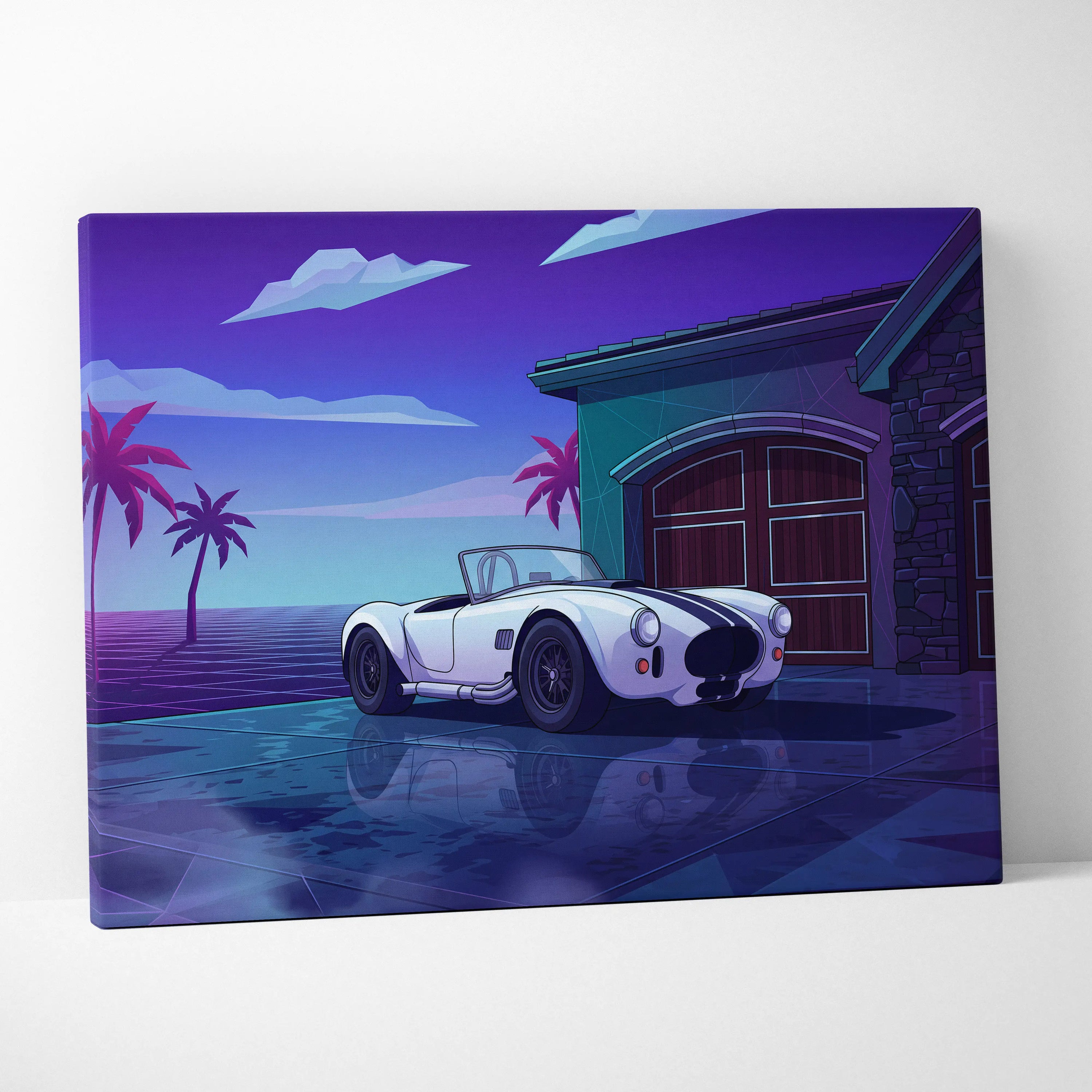 Shelby Cobra Inspired White Blue Coastal Canvas Wall Art Vaporwave Classic Car Artwork, Neon Palm Garage Decor Retro Futuristic Print