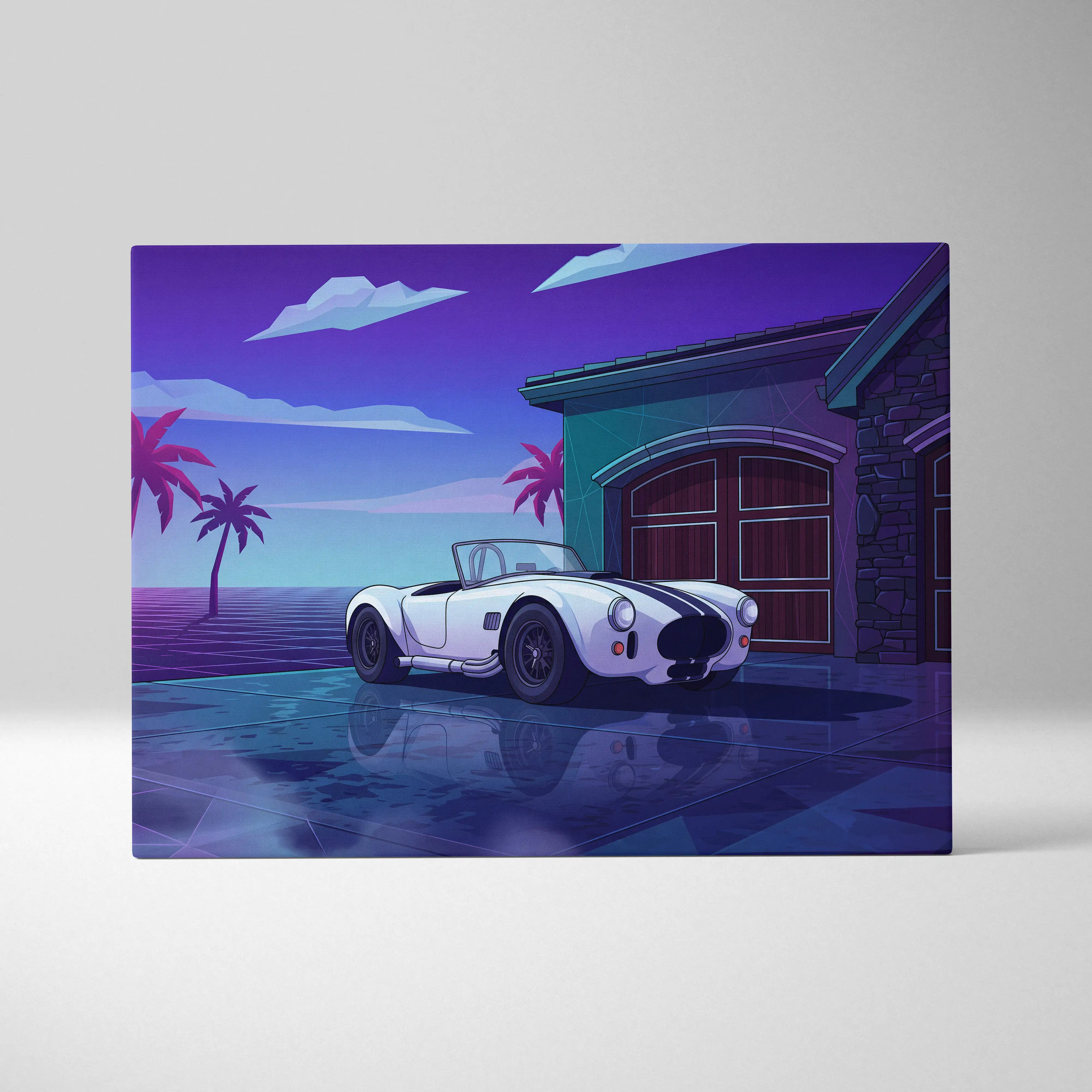 Shelby Cobra Inspired White Blue Coastal Canvas Wall Art Vaporwave Classic Car Artwork, Neon Palm Garage Decor Retro Futuristic Print