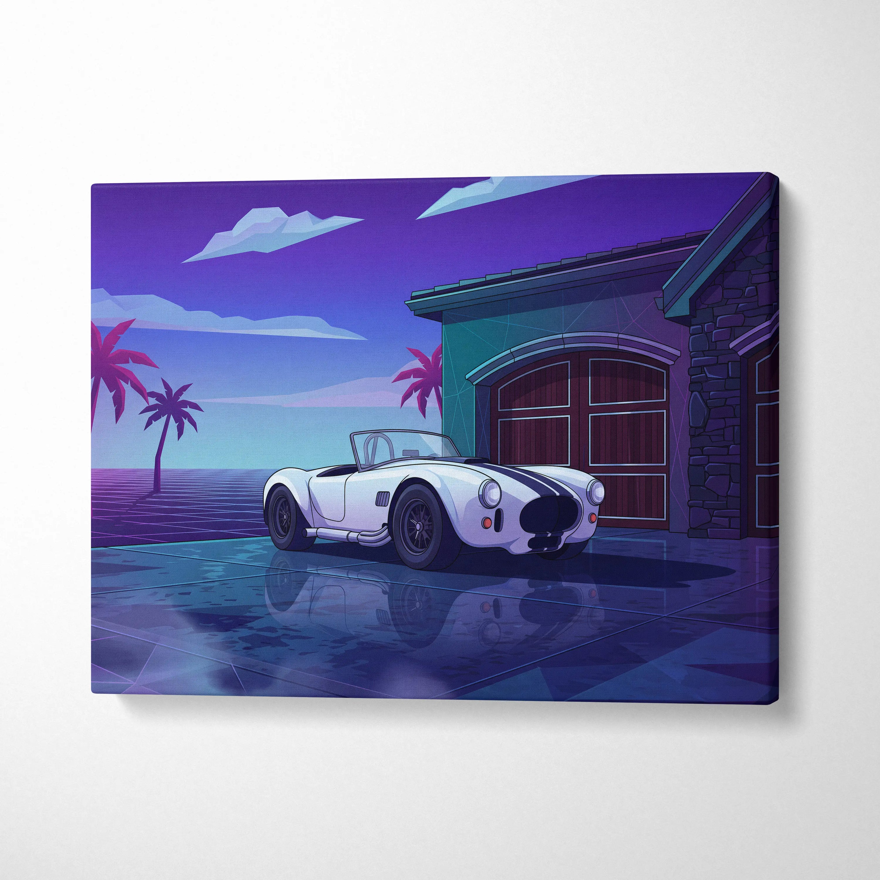 Shelby Cobra Inspired White Blue Coastal Canvas Wall Art Vaporwave Classic Car Artwork, Neon Palm Garage Decor Retro Futuristic Print