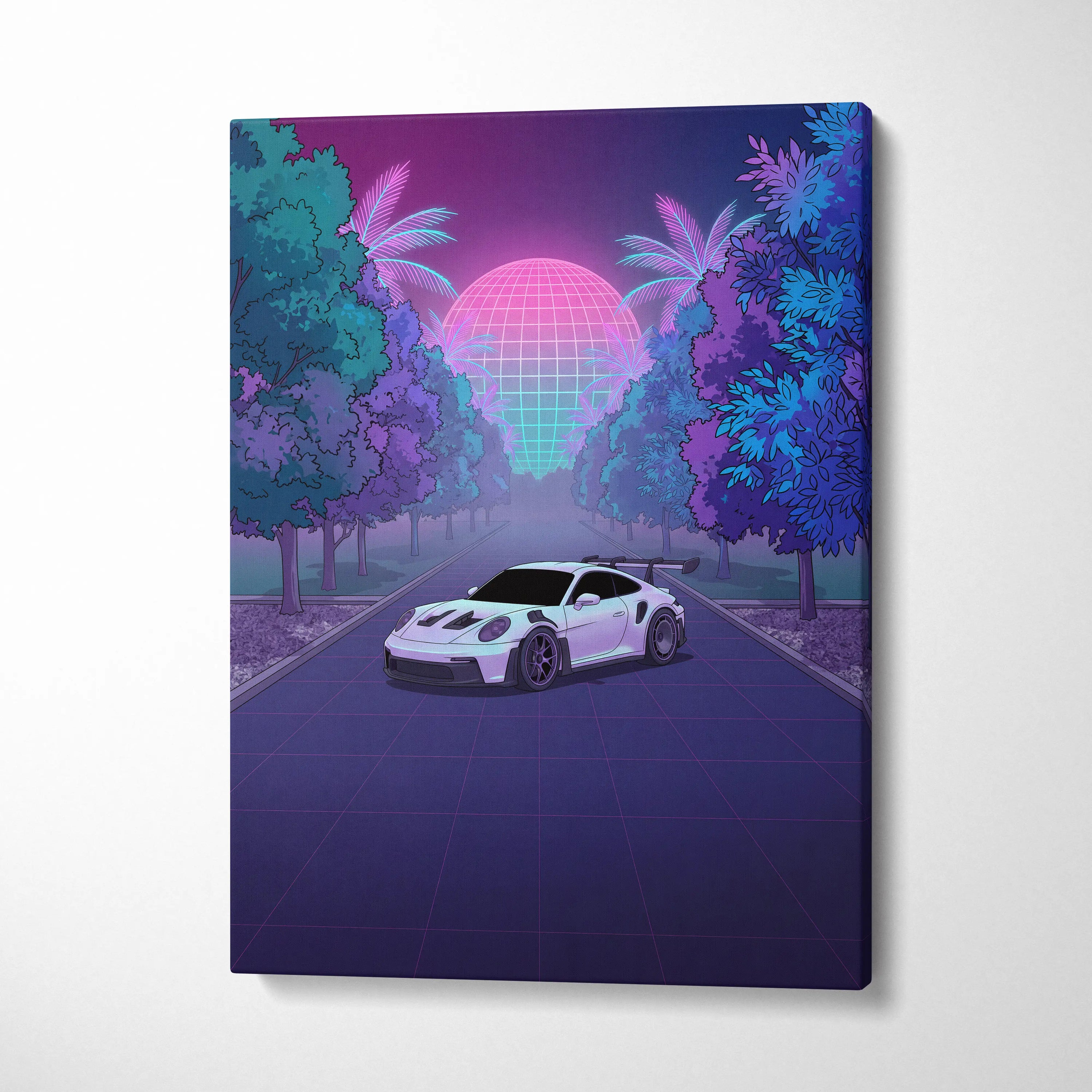 Porsche 911 GT3 RS Inspired White Purple Canvas Wall Art Vaporwave Sports Car Artwork, Neon Palm Road Garage Decor Retro Futuristic Print