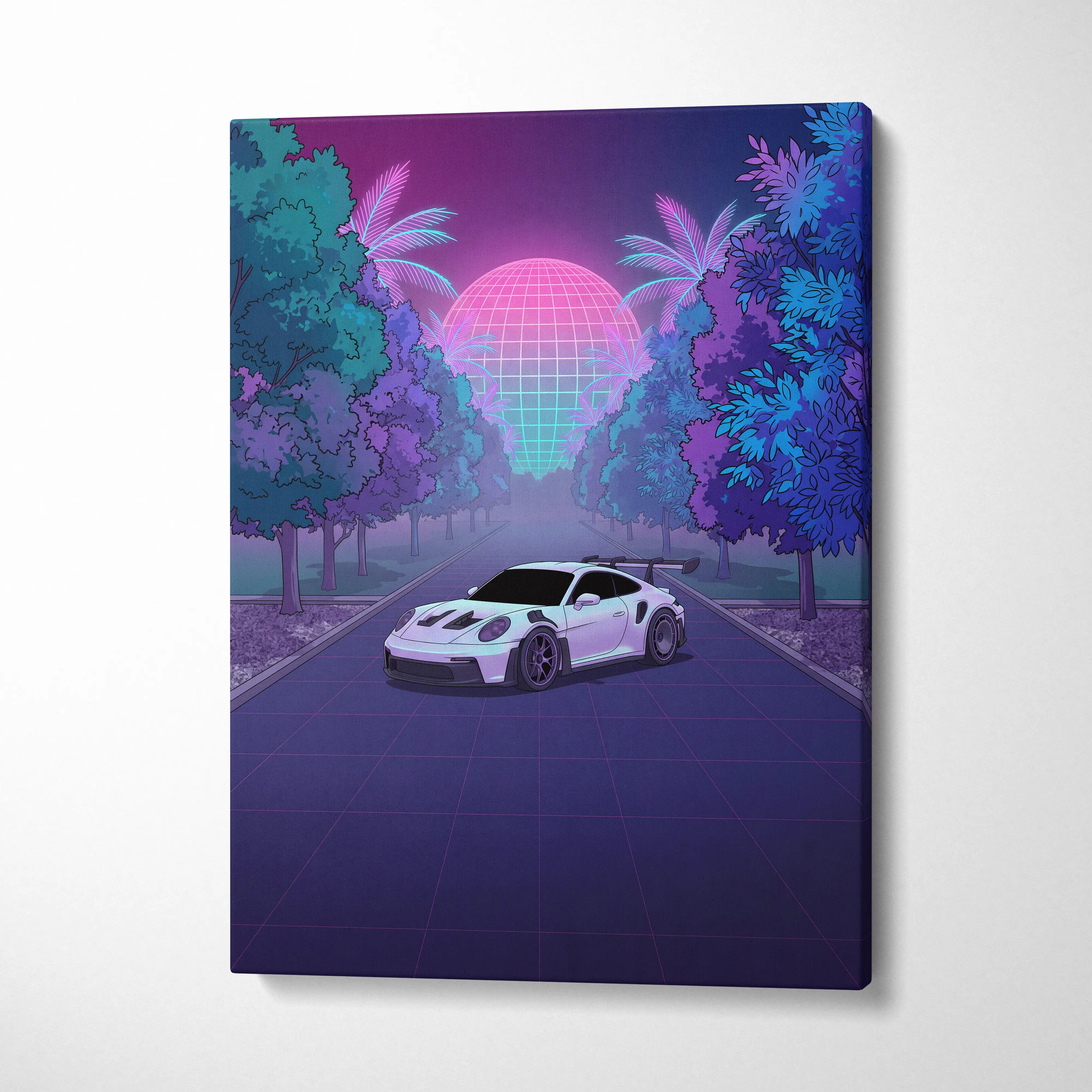 Porsche 911 GT3 RS Inspired White Purple Canvas Wall Art Vaporwave Sports Car Artwork, Neon Palm Road Garage Decor Retro Futuristic Print