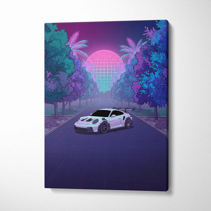 Porsche 911 GT3 RS Inspired White Purple Canvas Wall Art Vaporwave Sports Car Artwork, Neon Palm Road Garage Decor Retro Futuristic Print