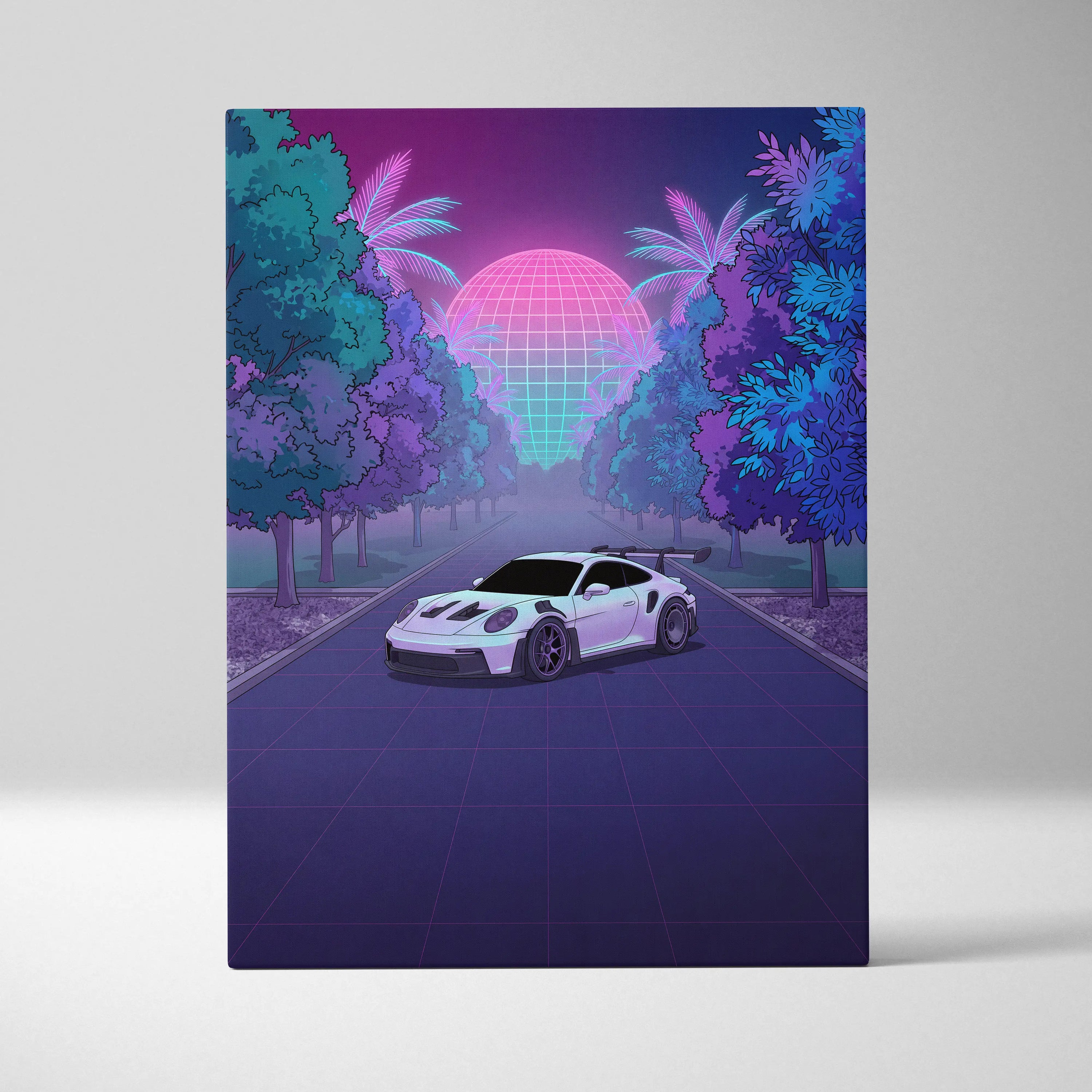Porsche 911 GT3 RS Inspired White Purple Canvas Wall Art Vaporwave Sports Car Artwork, Neon Palm Road Garage Decor Retro Futuristic Print