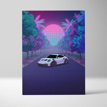 Porsche 911 GT3 RS Inspired White Purple Canvas Wall Art Vaporwave Sports Car Artwork, Neon Palm Road Garage Decor Retro Futuristic Print