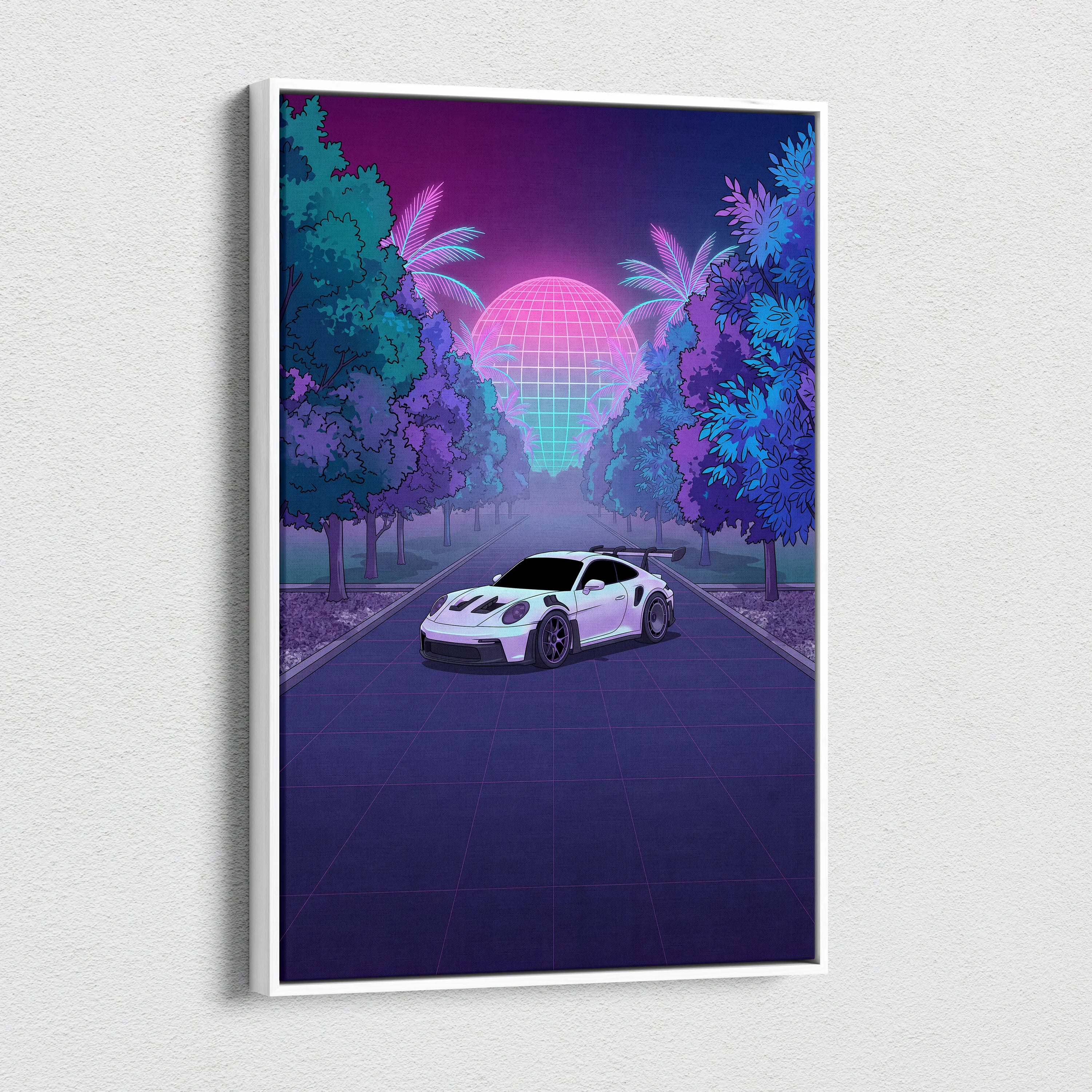 Porsche 911 GT3 RS Inspired White Purple Canvas Wall Art Vaporwave Sports Car Artwork, Neon Palm Road Garage Decor Retro Futuristic Print