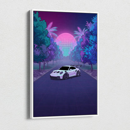 Porsche 911 GT3 RS Inspired White Purple Canvas Wall Art Vaporwave Sports Car Artwork, Neon Palm Road Garage Decor Retro Futuristic Print