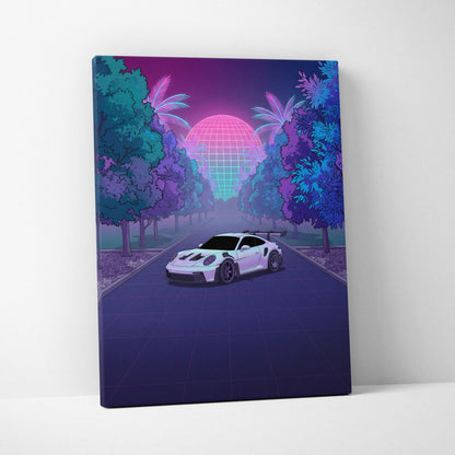 Porsche 911 GT3 RS Inspired White Purple Canvas Wall Art Vaporwave Sports Car Artwork, Neon Palm Road Garage Decor Retro Futuristic Print