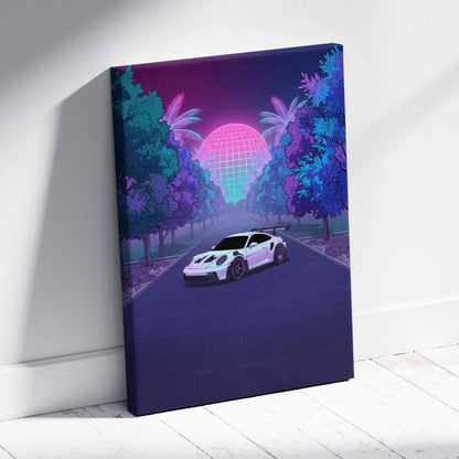 Porsche 911 GT3 RS Inspired White Purple Canvas Wall Art Vaporwave Sports Car Artwork, Neon Palm Road Garage Decor Retro Futuristic Print
