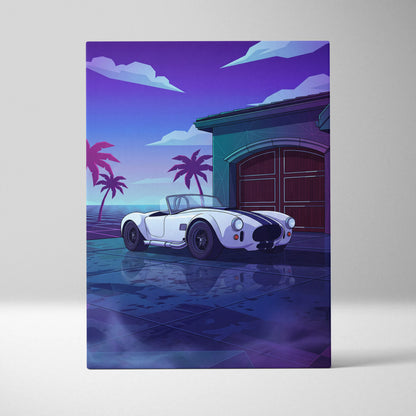 Shelby Cobra Inspired White Blue Coastal Canvas Wall Art Vaporwave Classic Car Artwork, Neon Palm Garage Decor Retro Futuristic Print