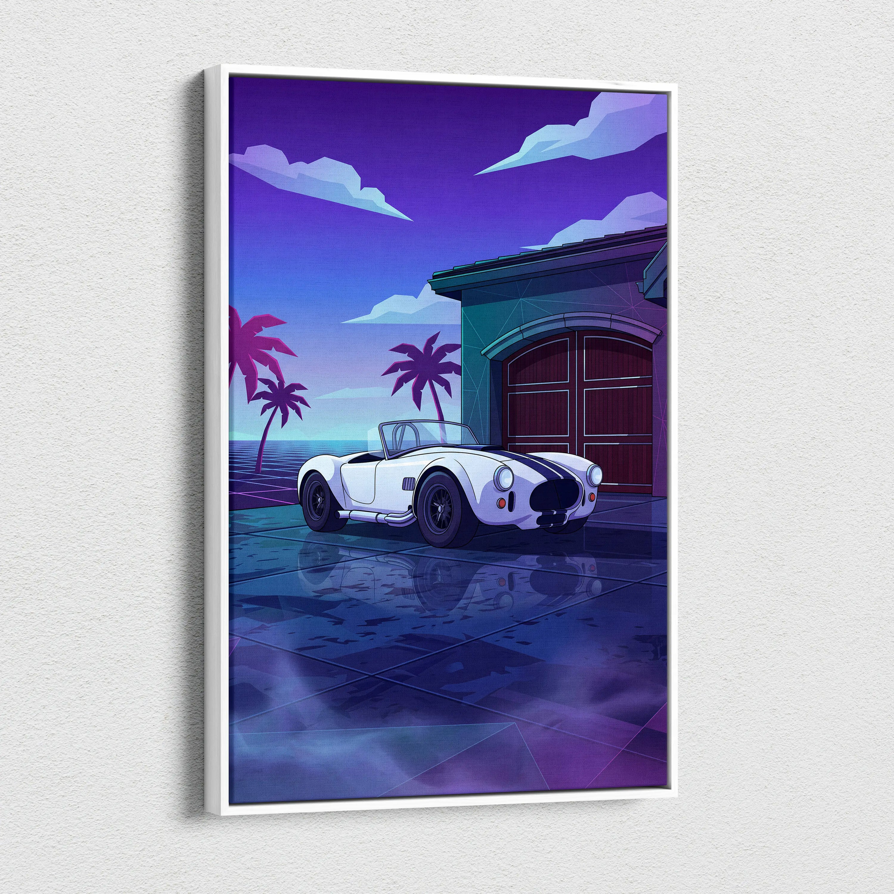 Shelby Cobra Inspired White Blue Coastal Canvas Wall Art Vaporwave Classic Car Artwork, Neon Palm Garage Decor Retro Futuristic Print