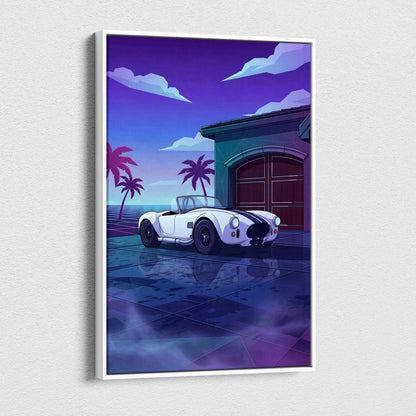 Shelby Cobra Inspired White Blue Coastal Canvas Wall Art Vaporwave Classic Car Artwork, Neon Palm Garage Decor Retro Futuristic Print