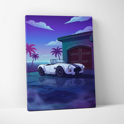 Shelby Cobra Inspired White Blue Coastal Canvas Wall Art Vaporwave Classic Car Artwork, Neon Palm Garage Decor Retro Futuristic Print