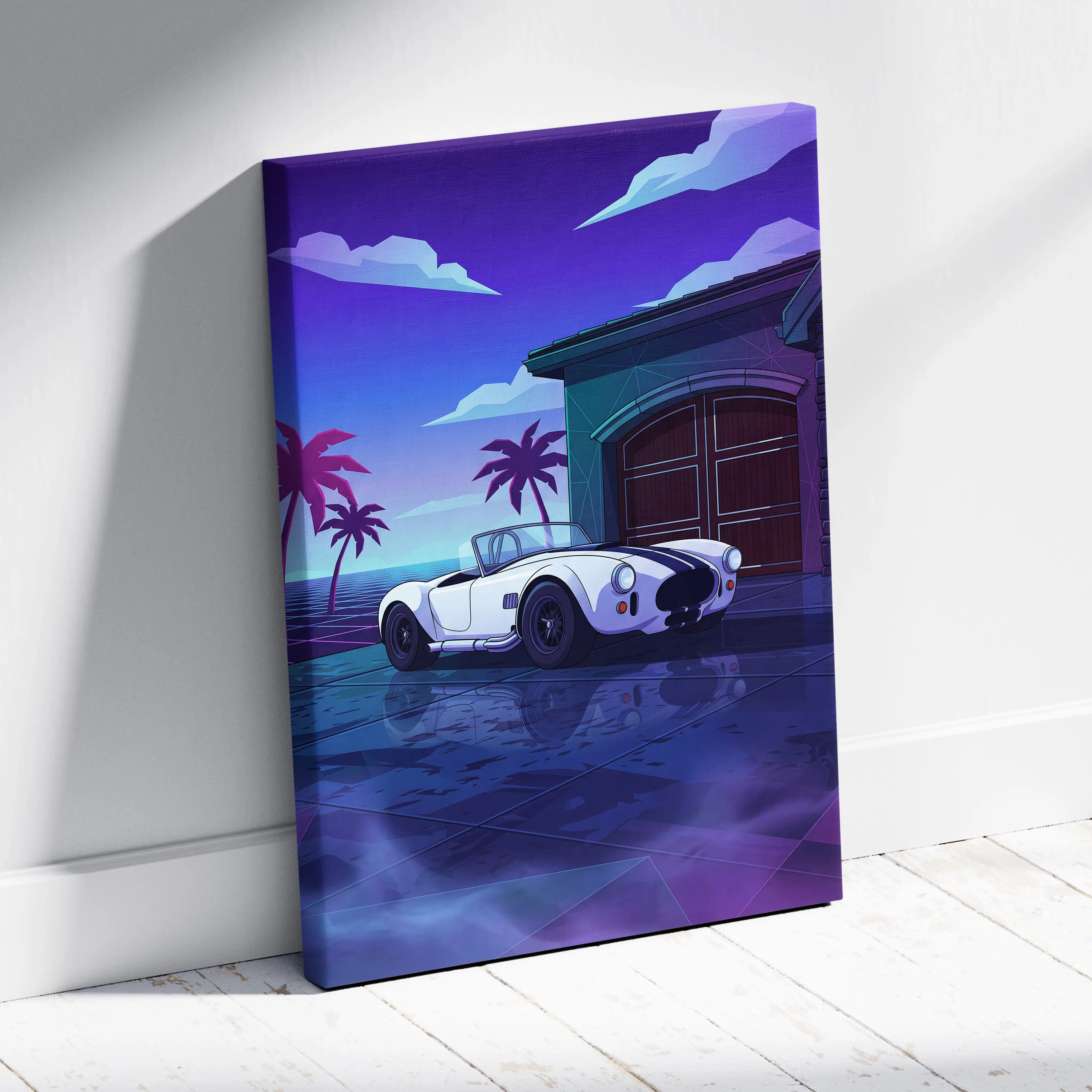 Shelby Cobra Inspired White Blue Coastal Canvas Wall Art Vaporwave Classic Car Artwork, Neon Palm Garage Decor Retro Futuristic Print