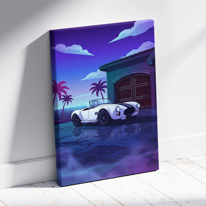 Shelby Cobra Inspired White Blue Coastal Canvas Wall Art Vaporwave Classic Car Artwork, Neon Palm Garage Decor Retro Futuristic Print