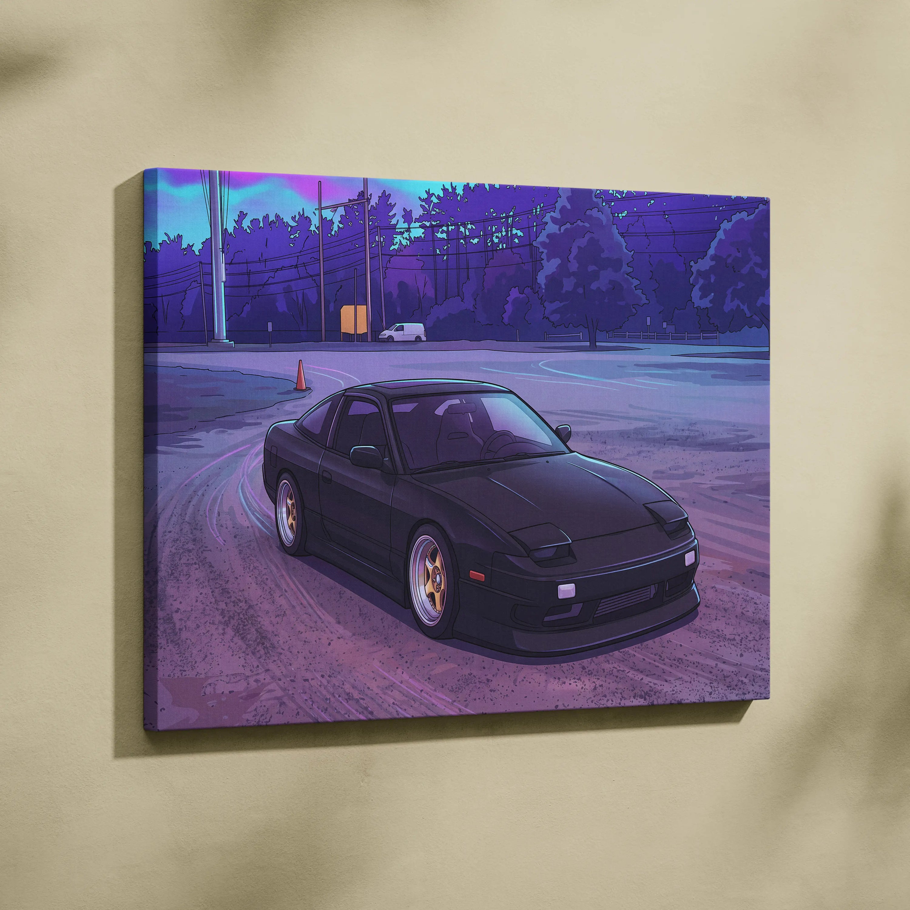 Nissan 240SX Inspired Black Purple Canvas Wall Art, Vaporwave JDM Drift Car Artwork, Neon Street Garage Decor, Retro Futuristic Print