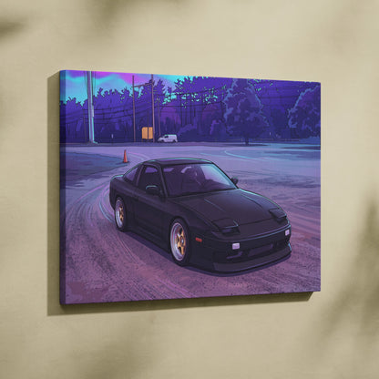 Nissan 240SX Inspired Black Purple Canvas Wall Art, Vaporwave JDM Drift Car Artwork, Neon Street Garage Decor, Retro Futuristic Print