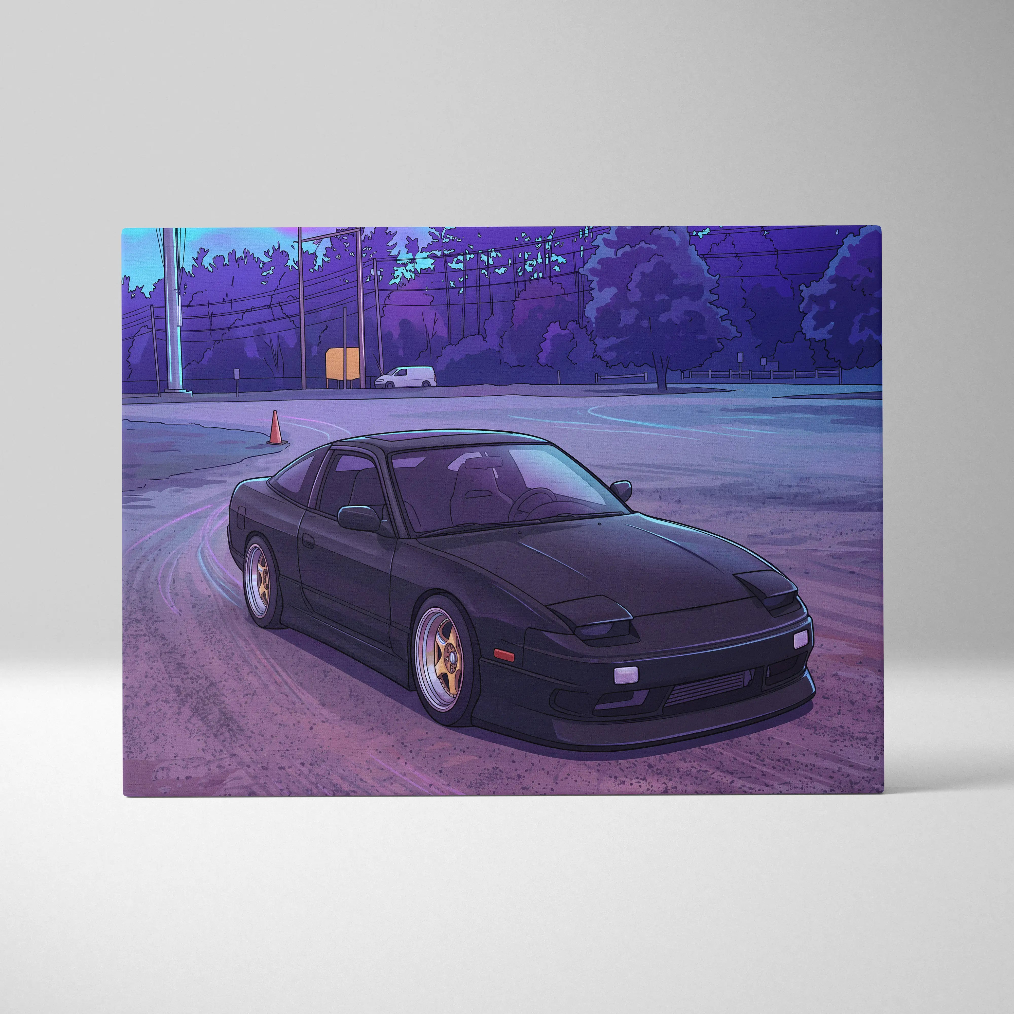 Nissan 240sx inspired black canvas wall art featuring a stylized purple and blue nissan 180sx with gold rims for neon street decor