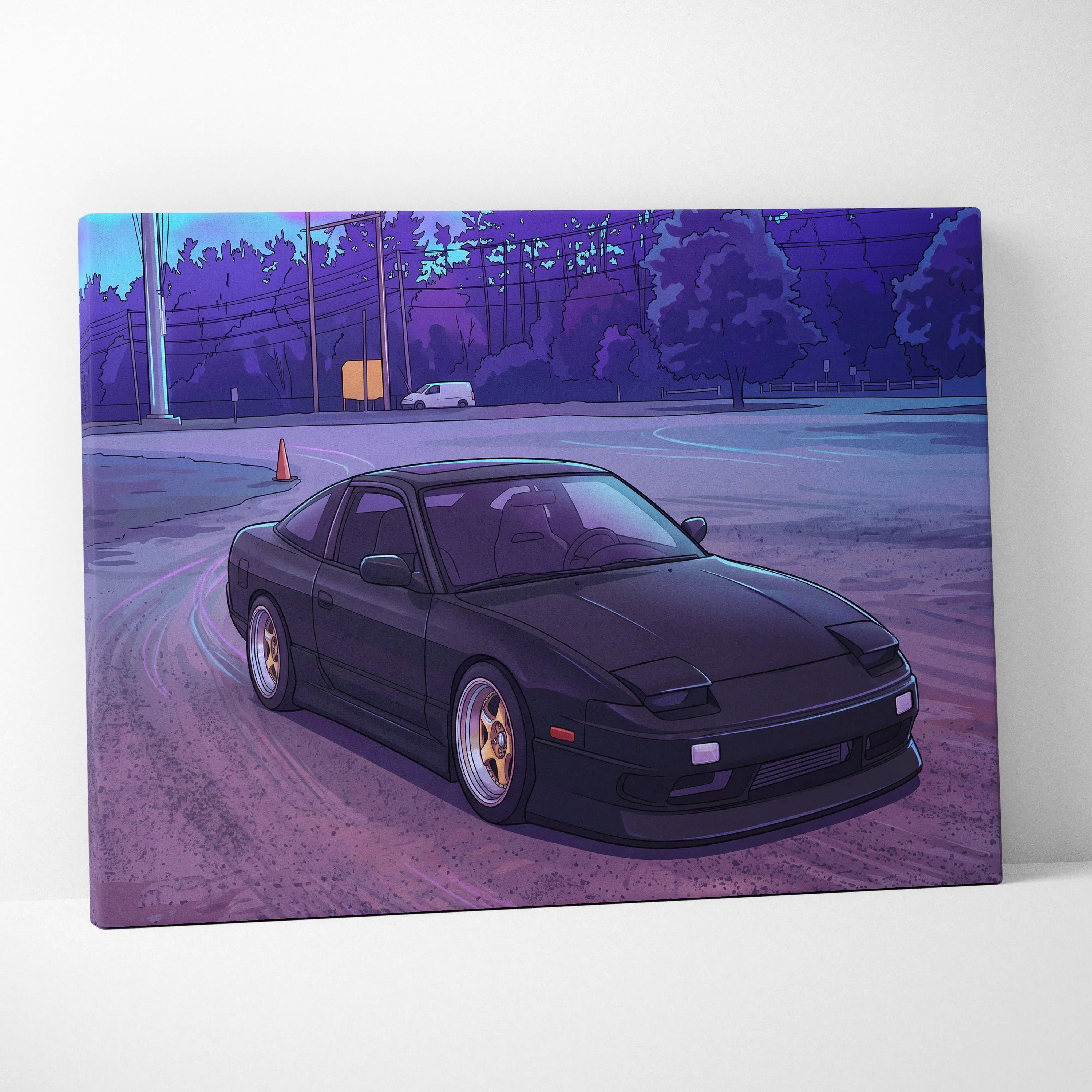 Nissan 240SX Inspired Black Purple Canvas Wall Art, Vaporwave JDM Drift Car Artwork, Neon Street Garage Decor, Retro Futuristic Print