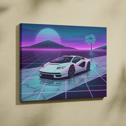 Lamborghini Countach LP 800 Inspired White Purple Canvas Wall Art, Vaporwave Supercar Artwork, Neon Grid Garage Decor, Retro Futuristic Exotic Car Print