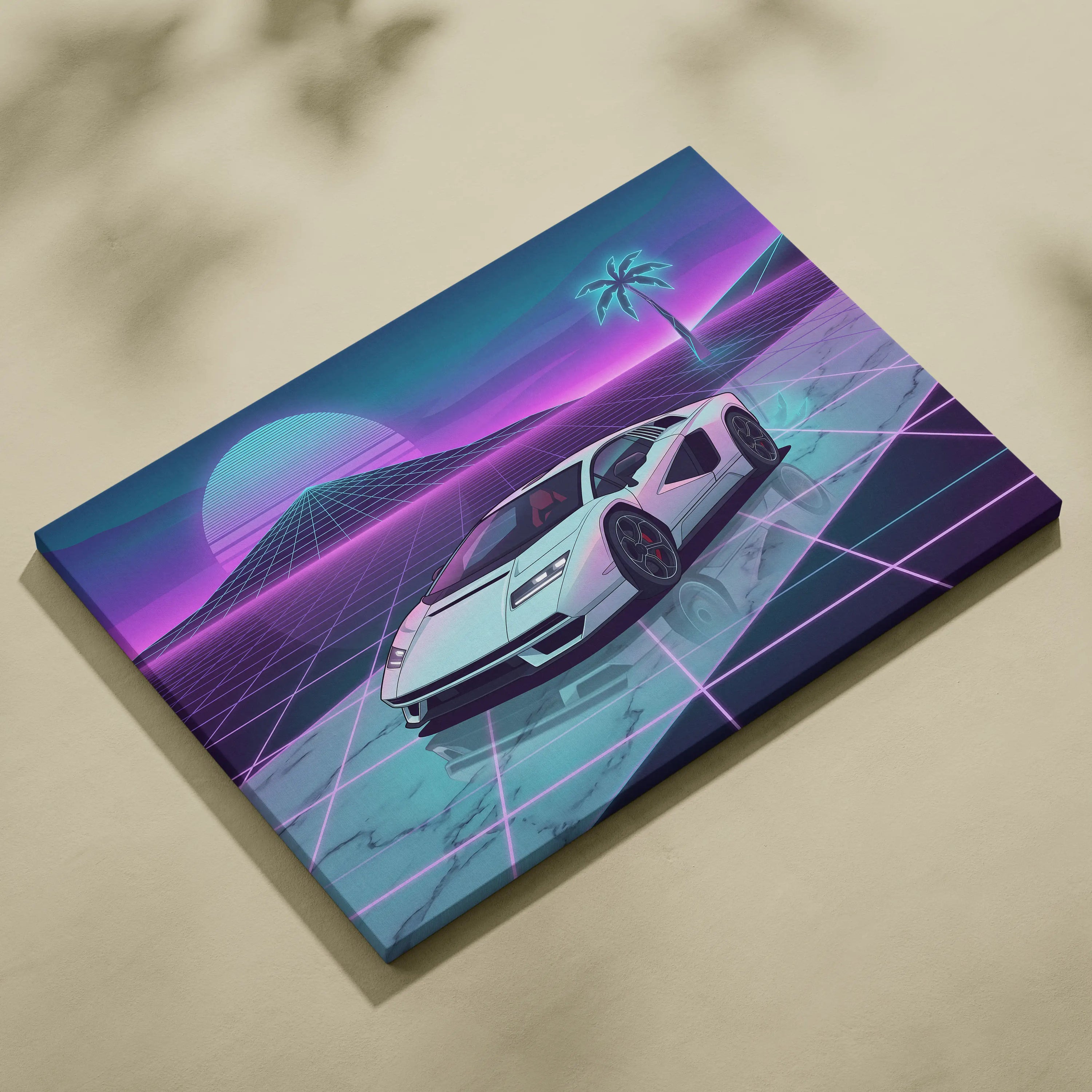 Lamborghini Countach LP 800 Inspired White Purple Canvas Wall Art, Vaporwave Supercar Artwork, Neon Grid Garage Decor, Retro Futuristic Exotic Car Print