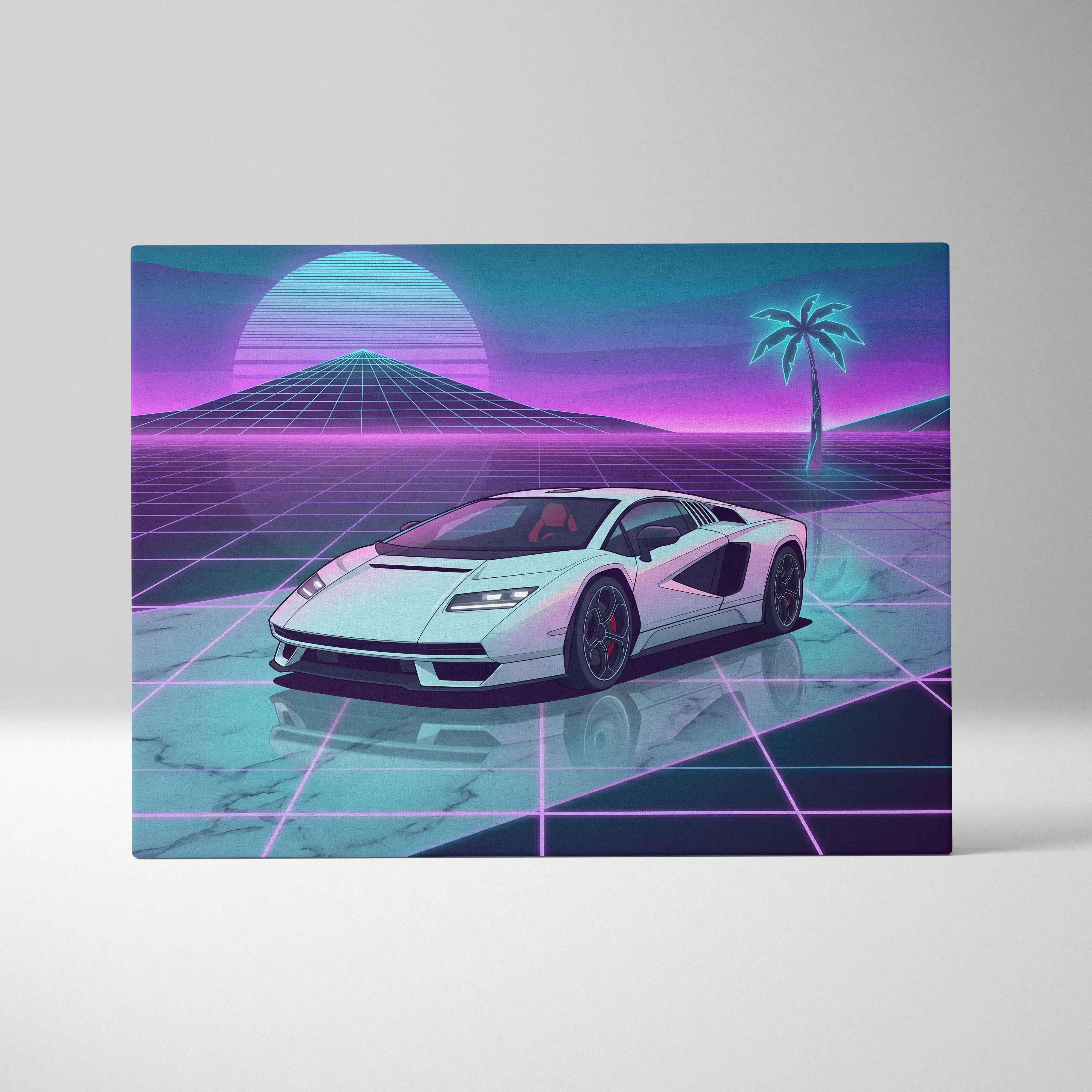 Lamborghini countach lp 800 inspired white sports car canvas wall art with neon grid and purple vaporwave background