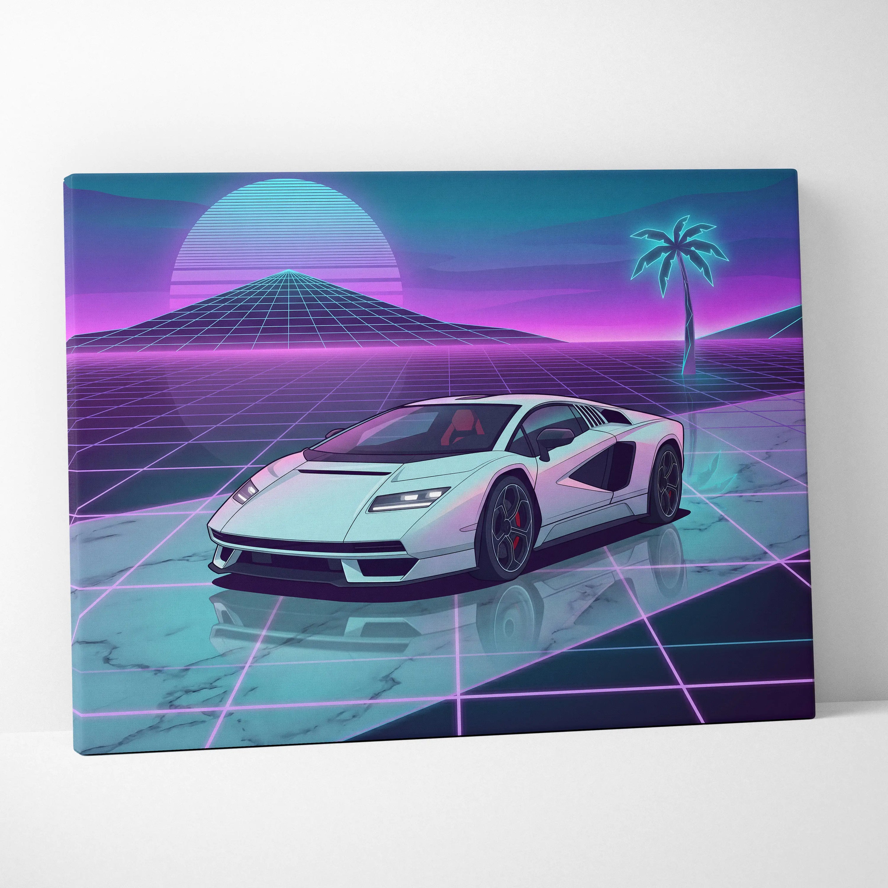 Lamborghini Countach LP 800 Inspired White Purple Canvas Wall Art, Vaporwave Supercar Artwork, Neon Grid Garage Decor, Retro Futuristic Exotic Car Print