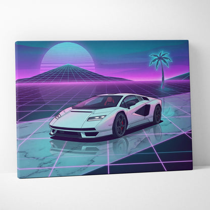Lamborghini Countach LP 800 Inspired White Purple Canvas Wall Art, Vaporwave Supercar Artwork, Neon Grid Garage Decor, Retro Futuristic Exotic Car Print