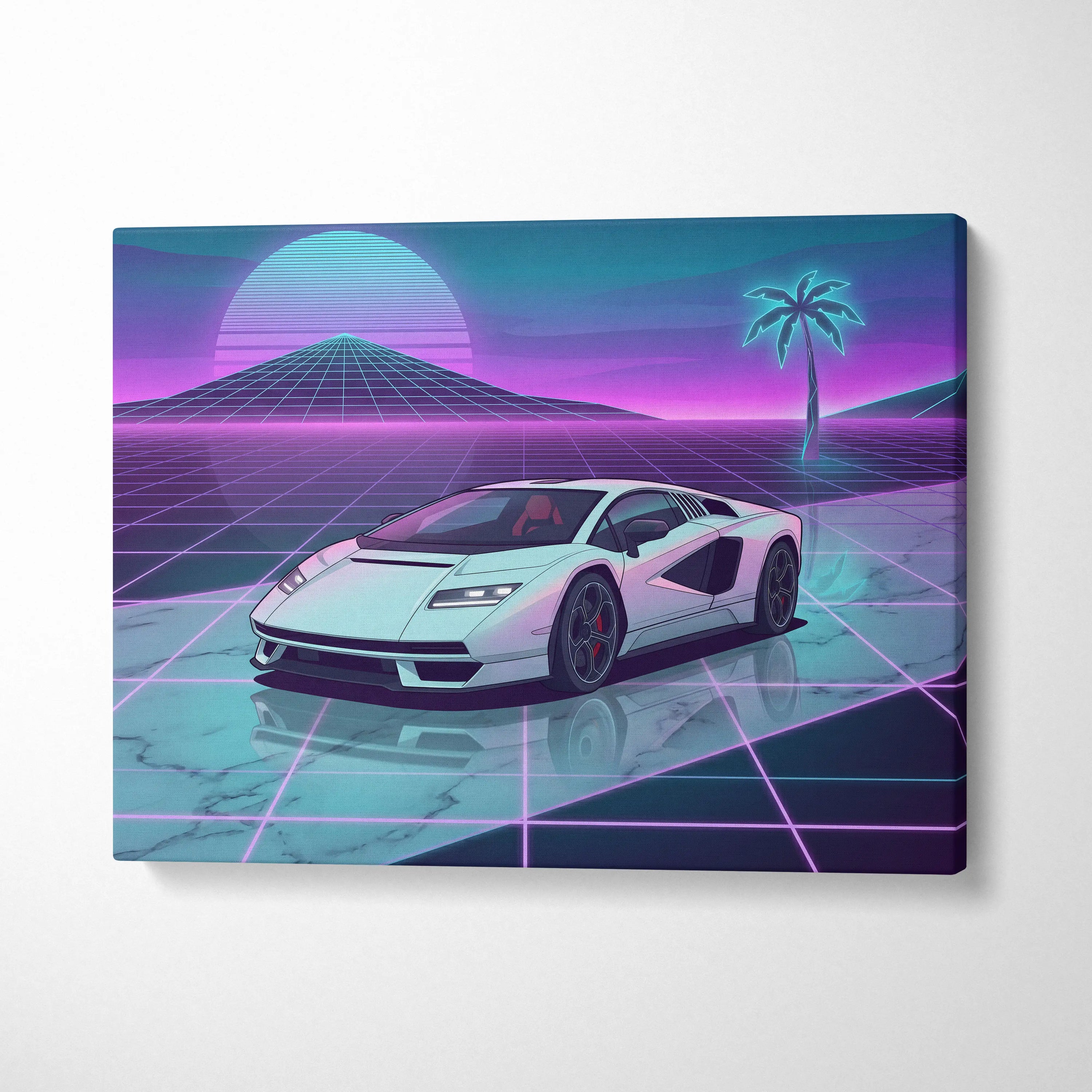 Lamborghini Countach LP 800 Inspired White Purple Canvas Wall Art, Vaporwave Supercar Artwork, Neon Grid Garage Decor, Retro Futuristic Exotic Car Print