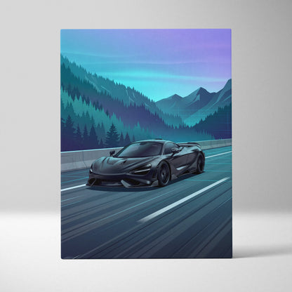 McLaren 765LT Inspired Neon Highway Vaporwave Canvas - Car Art Neon Blue Teal Purple Living Room Retro-Futurist Energetic Nostalgic Mood Modern Decor Wall Art Canvas