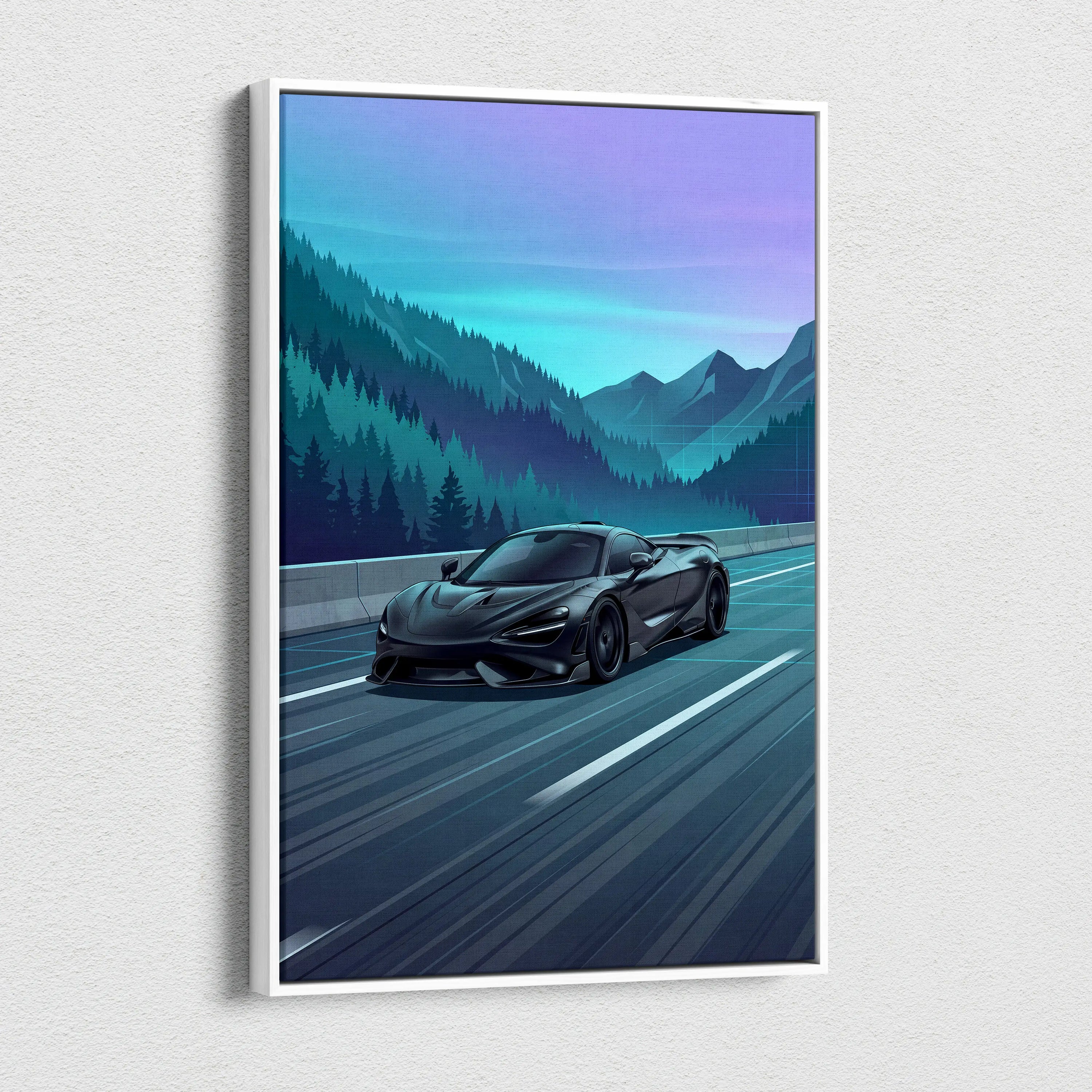 McLaren 765LT Inspired Neon Highway Vaporwave Canvas - Car Art Neon Blue Teal Purple Living Room Retro-Futurist Energetic Nostalgic Mood Modern Decor Wall Art Canvas