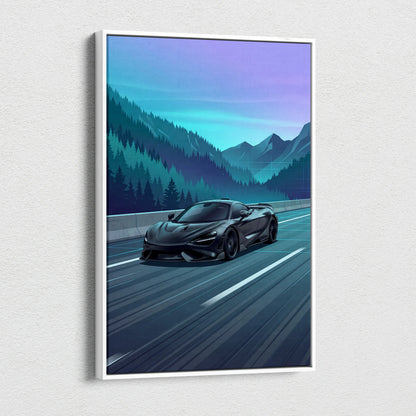 McLaren 765LT Inspired Neon Highway Vaporwave Canvas - Car Art Neon Blue Teal Purple Living Room Retro-Futurist Energetic Nostalgic Mood Modern Decor Wall Art Canvas